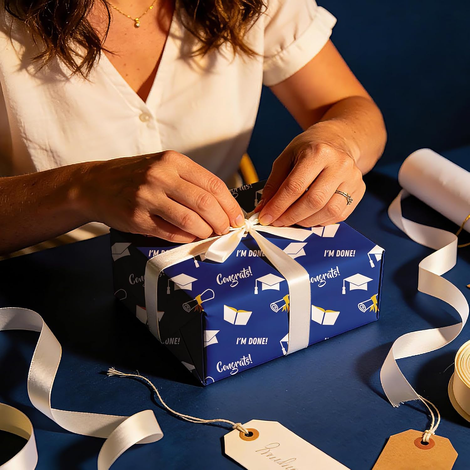 Ywdbzjhs 1 Roll 2026 Graduation Wrapping Paper Roll - Mini Roll - 17 In x 33 Ft - Graduate Cap Diploma Scroll Book Patterns Gift Wrap Paper for 2026 Graduation Party Supplies (Blue&Gold) image 4
