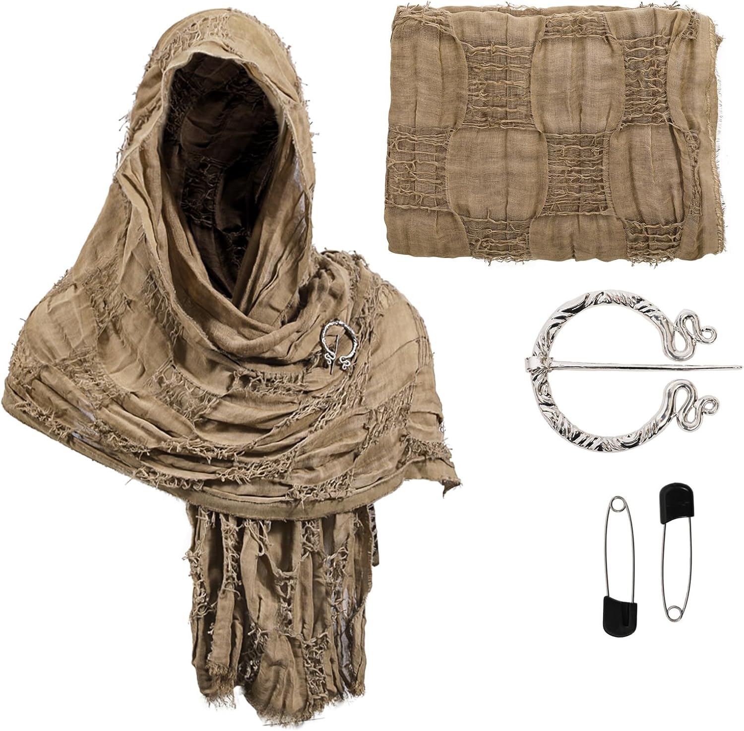 JIAHG Medieval Costume Ripped Rags Shoulder Wrap Dune Wasteland Hooded Shawl with Brooch Cowl Scarf Rogue Renaissance Cape