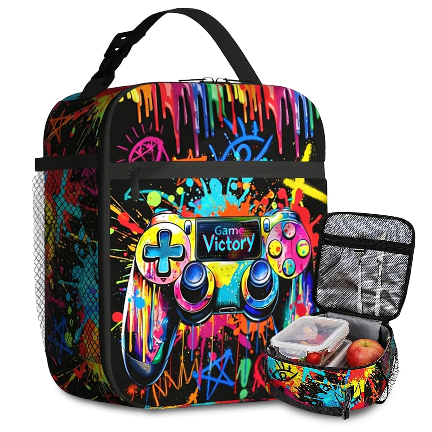 Srumvoat Lunch Bag for Boys, Insulated School Lunch Box with Bottle Holder, Cool Gaming Designed Lunch Bags for Kids, Large Capacity Waterproof for School Office Picnic Travel Beach