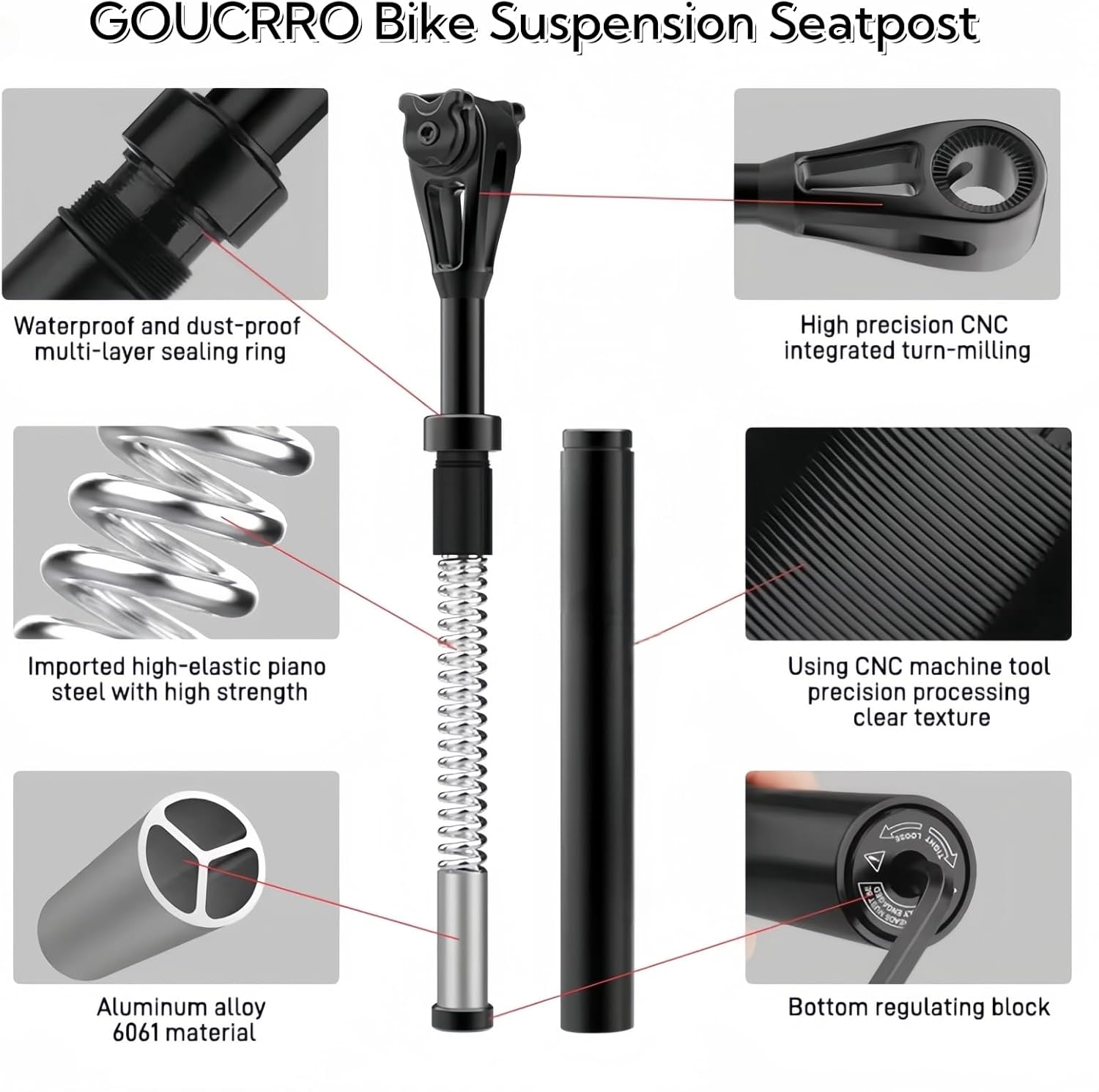Bike Suspension Seatpost Shock Absorber Damper Post 27.2/31.6mm Bicycle Seat Post, Aluminum Body for MTB, Gravel, Hybrid and E-Bikes