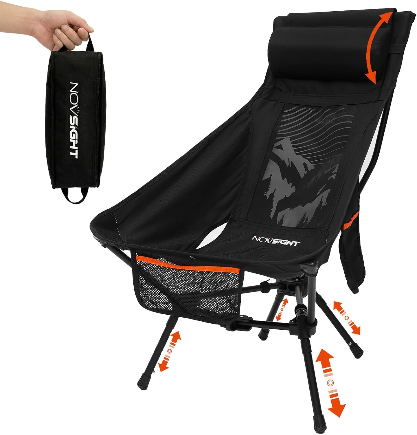 NOVSIGHT Camping Chairs - High Back Camping Chair with Adjustable Headrest and Feet, Lightweight Aluminum Frame, Breathable Mesh Folding Portable Camp Chair for Outdoor Hiking, Beach, Picnic