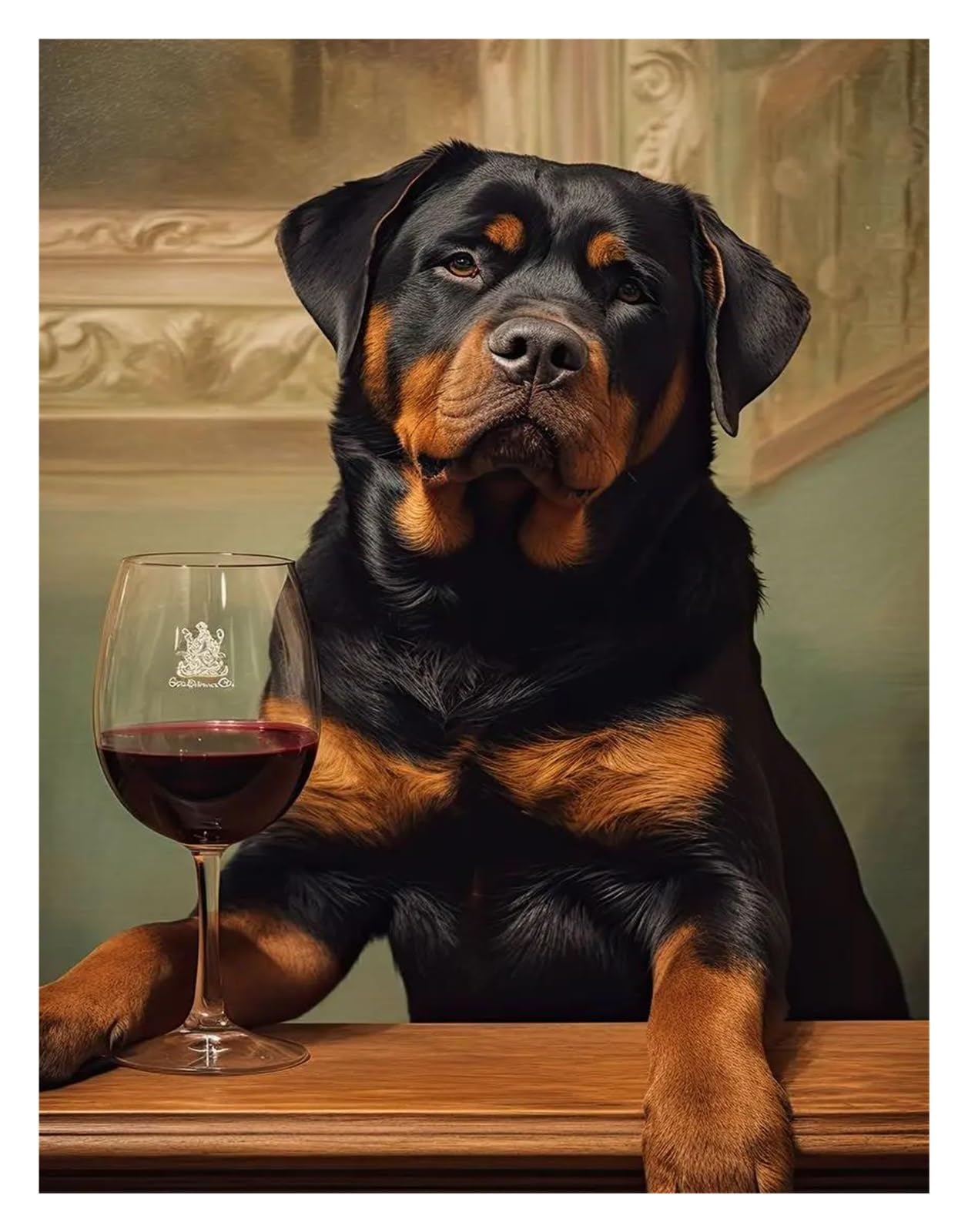 Tableau chien et vin Rottweiler deco salon 30x42cm