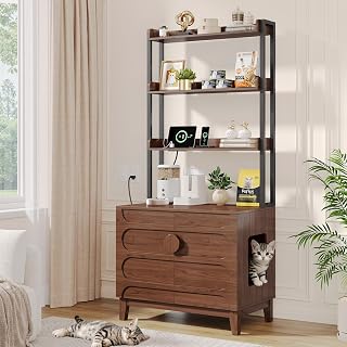 ONBRILL 68" Cat Litter Box Enclosure Furniture, Hidden Litter Box Cabinet with 4-Tier Storage Shelves and Outlet, Kitty Washroom Cabinet and Pet House, Fit Most of Litter Boxes for Living Room, Walnut
