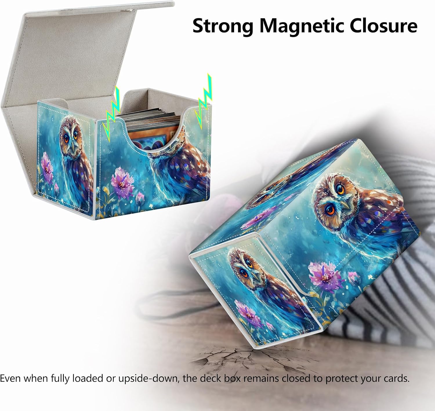 Strong Magnet MTG Demon Deck Box Playing Card Case Magic The Gathering Commander Deck Box Creative Pattern Trading Card Storage Box for Collectible Games, Cute Owl Watercolor Picture image 4