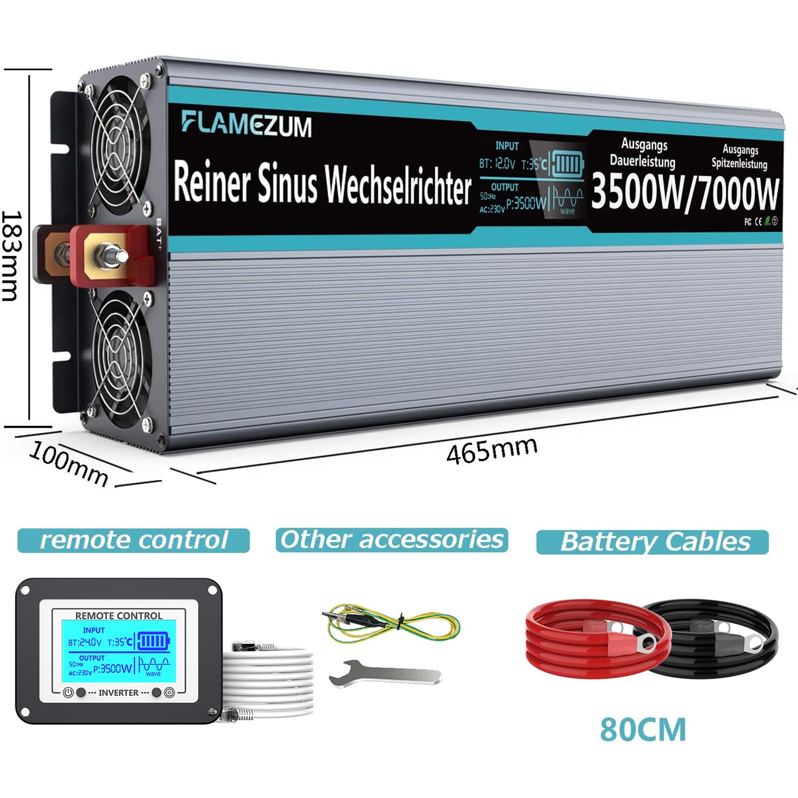 FLAMEZUM Falownik Czysty Sinus 3500 W DC 12V na AC 230V Przetwornica Napięcia, z ekranem LCD & Pilotem Zdalnego Sterowania 2 x 2,4 A USB & 2 x Gniazda AC do Przyczep Kempingowych