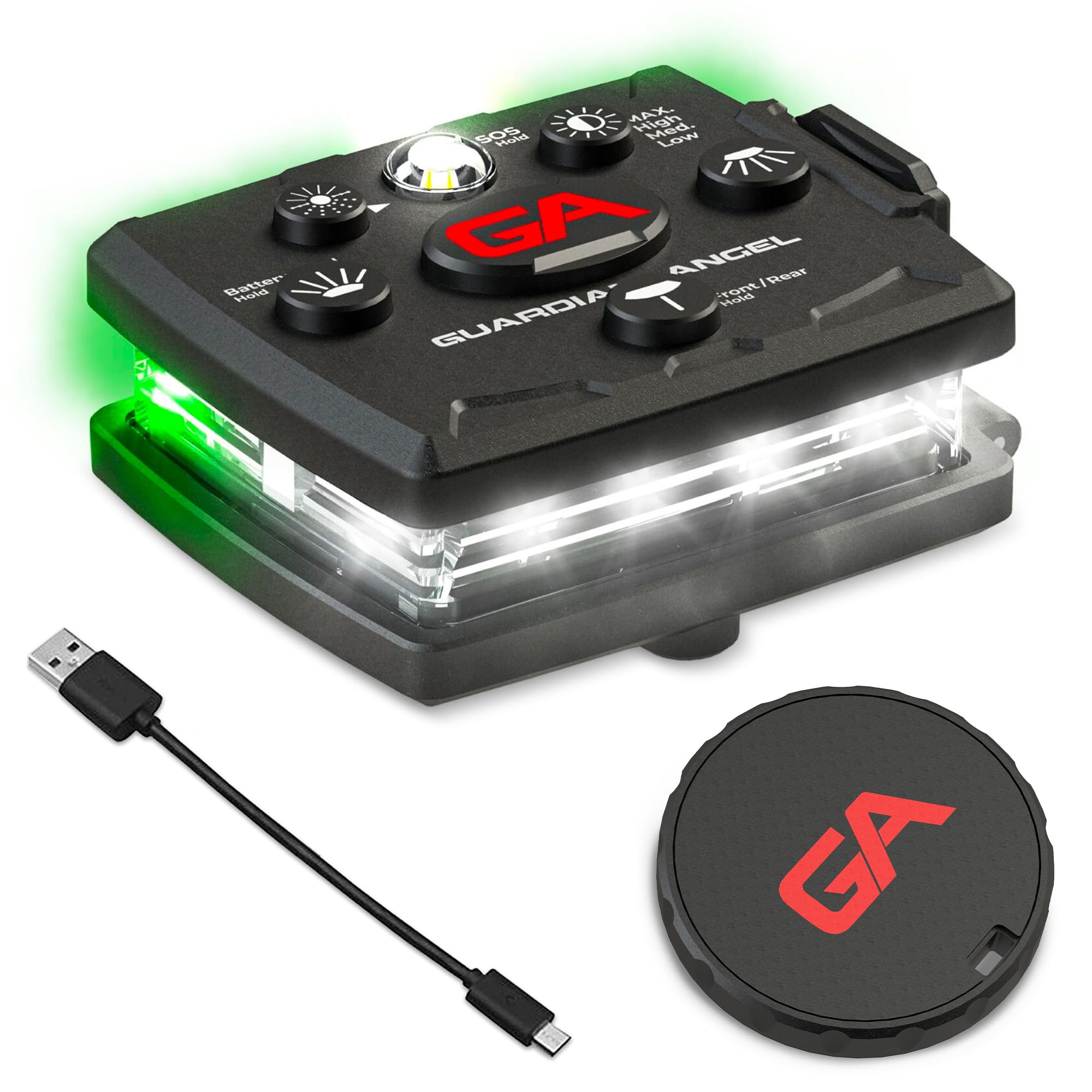 Guardian Angel Micro Series Safety Lights, (All White Front & Green Rear) | Rechargeable, Magnetic & Hands-Free Wearable LED Flashlight for Dog Walking, Cycling, Hiking, Camping & Fishing