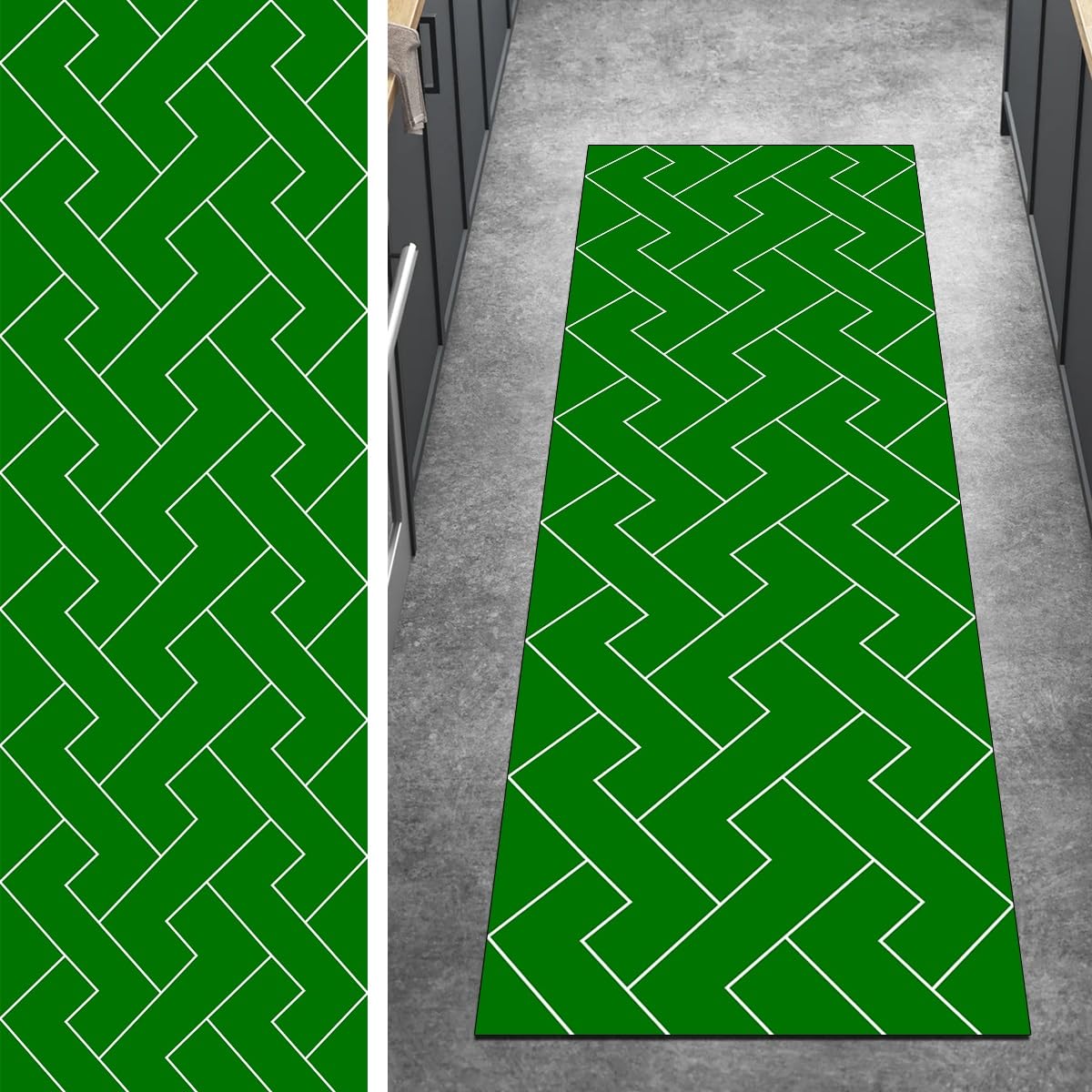 Tapis de couloir vert 110 x 330 cm lavable à rayures