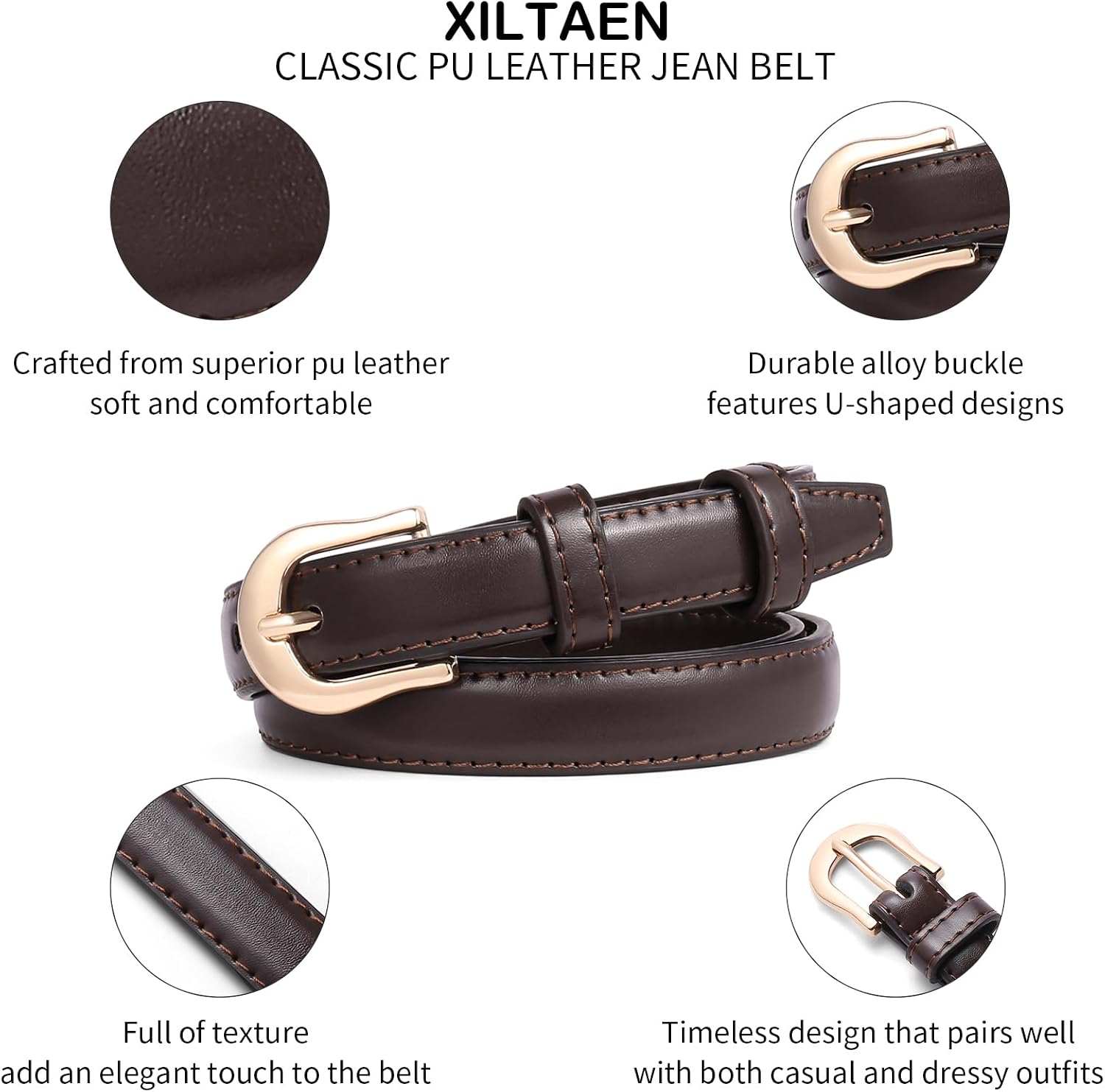 Women Skinny Leather Belt for Jeans Pants Dresses Fashion Thin Ladies Belts with Gold Prong Buckle