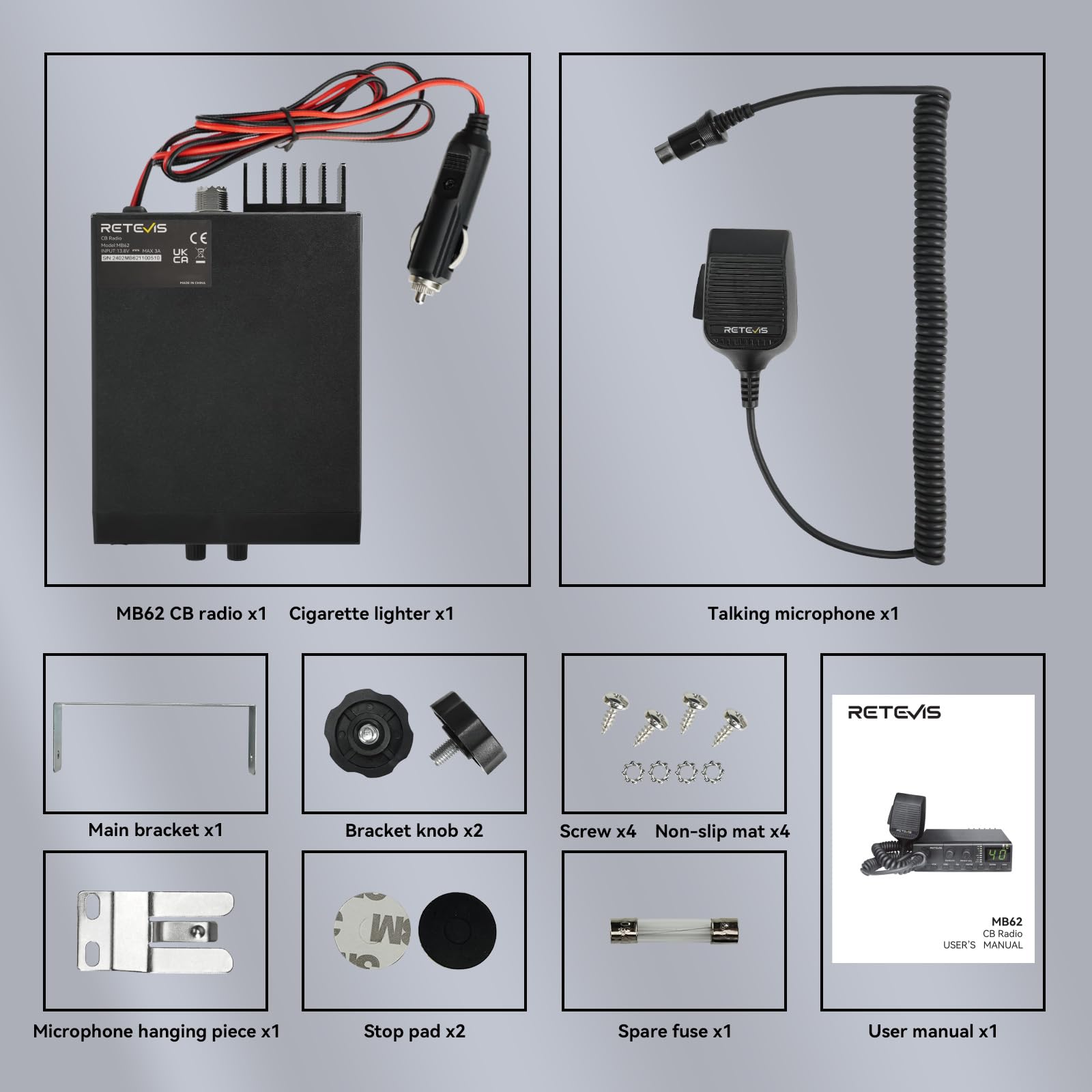 Retevis MB62 Emisora CB, CB Transceptor Móvil Portátil con Reducción | VOX, Señal Fuerte, ASQ/SQ para Sonido Claro, Emergencia 9/19, Mini CB Radio para Camioneros, Am/FM, Furgonetas