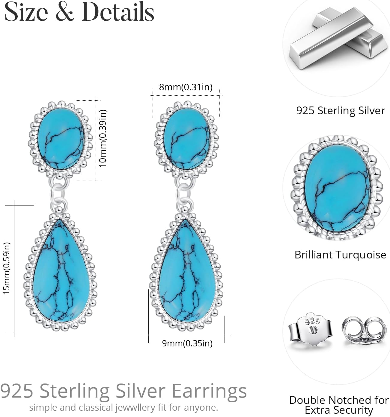Turquoise Dangle Earrings, Rectangle Turquoise Leverback Earrings S925 Sterling Silver Gemstone Earrings Jewelry for Women