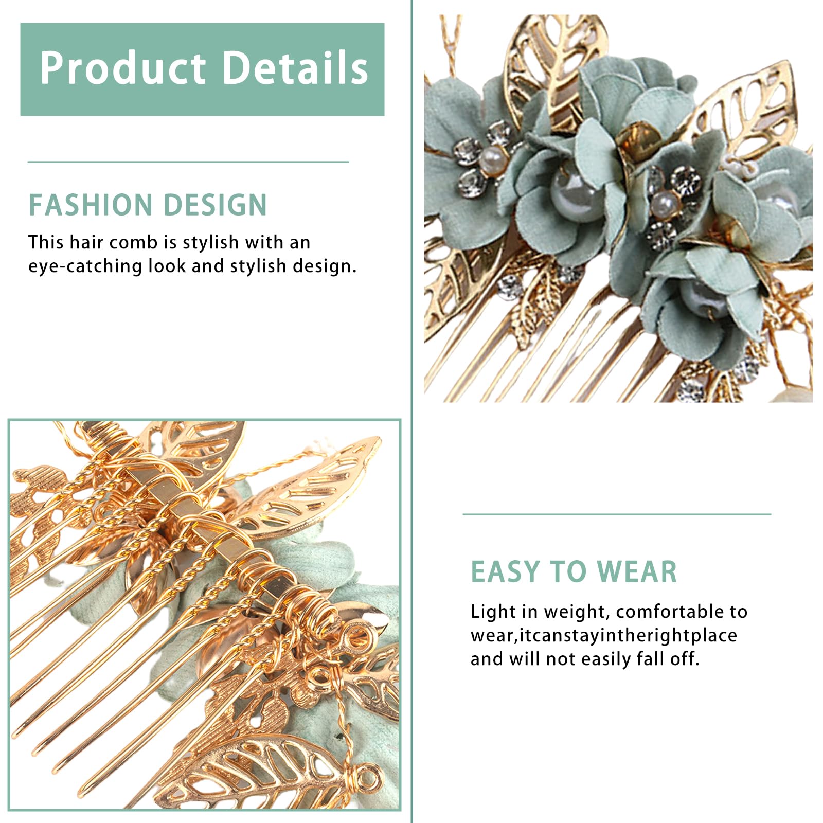 MUNSKT 2 PCS Green Hair Comb Pearl Crystal And Hair Clip Bridal Hair Accessories Flower Fascinator Headpieces Flower Hair Pins For Women Wedding Pearl Hair Pieces Hair Comb for Brides Bridesmaid Girl - Image 3