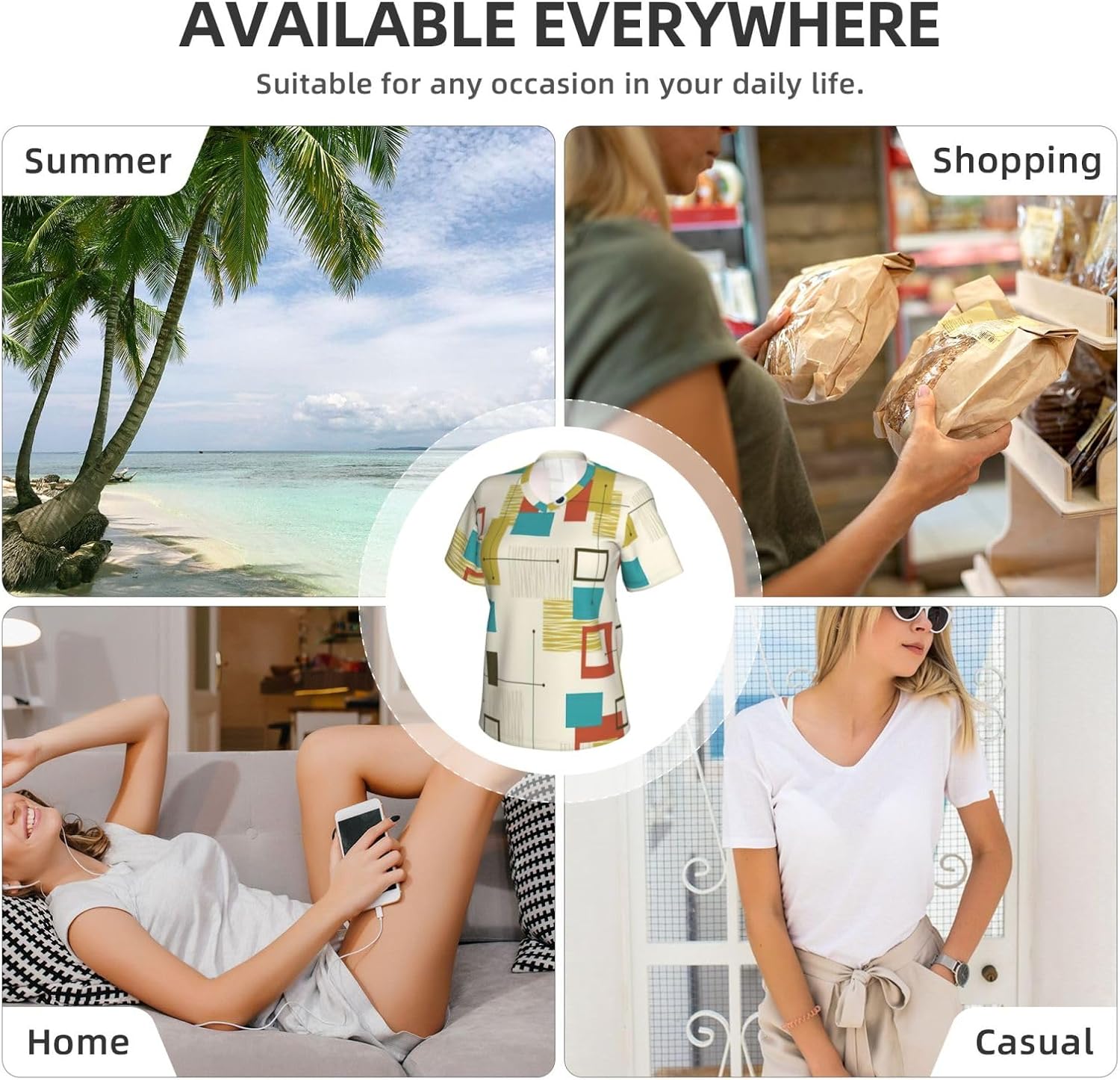 Womens Mid Century Modern Print Short Sleeve V Neck T-Shirts Casual Breathable Tee Basic Summer Tops 2026