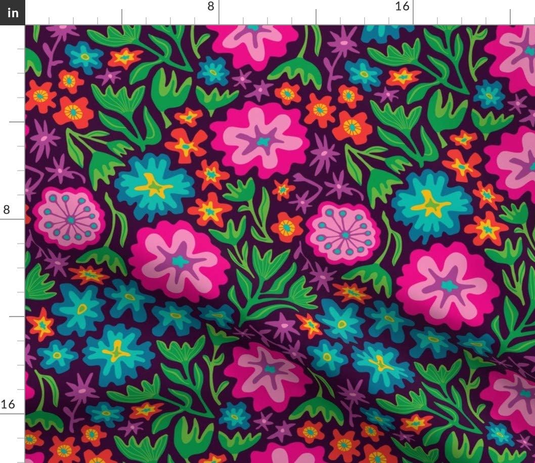 Spoonflower Fabric - 70S Mexican Inspired Floral Botanical Pink Green Blue Bright Retro Printed on Petal Signature Cotton Fabric Fat Quarter - Sewing Quilting Apparel Crafts Decor