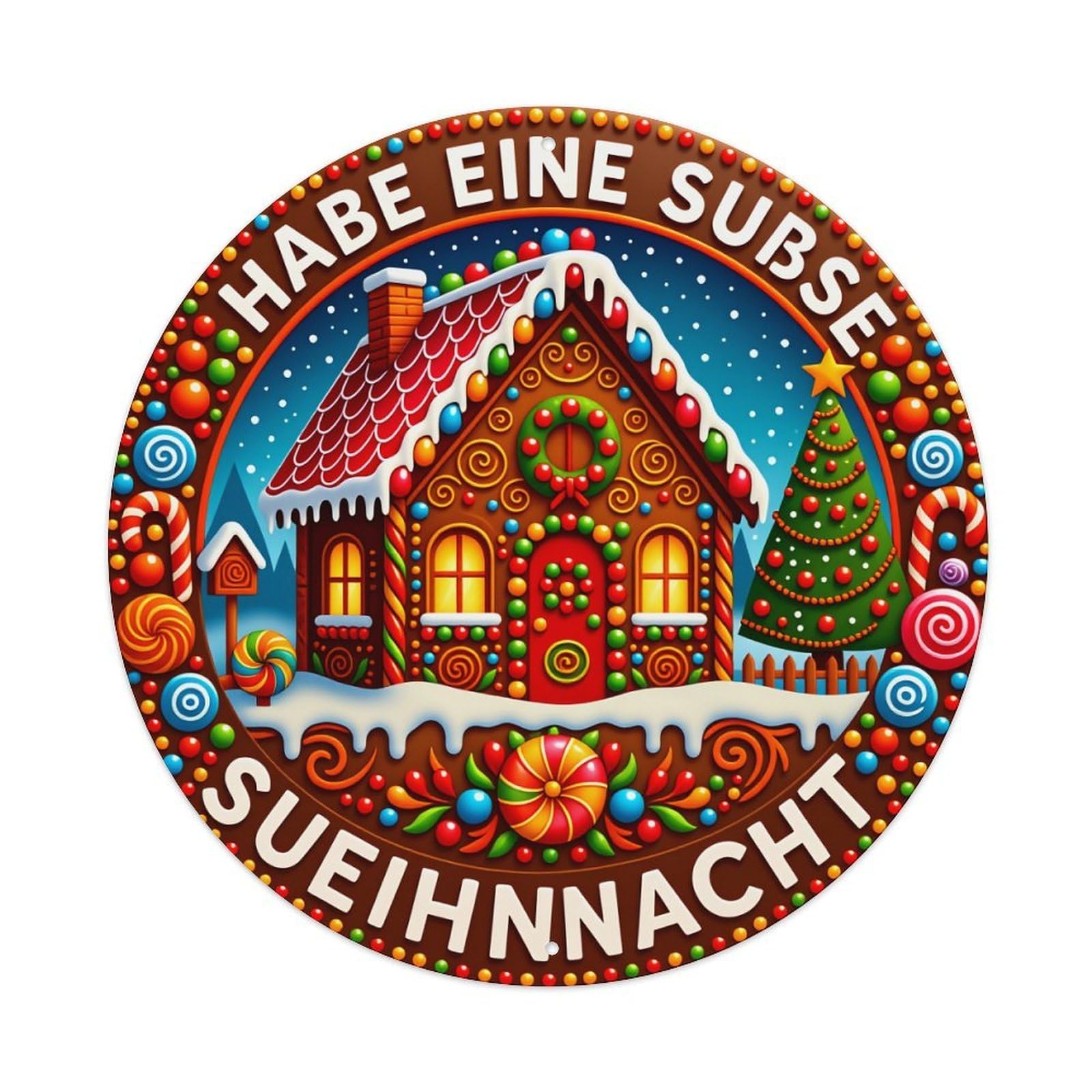 Gingerbread House Christmas Scene Candy Decor Round Tin Sign Vintage Style Metal Sign Home Bar Garden Wall Plaque Decor Metal Poster 8x8 Inch