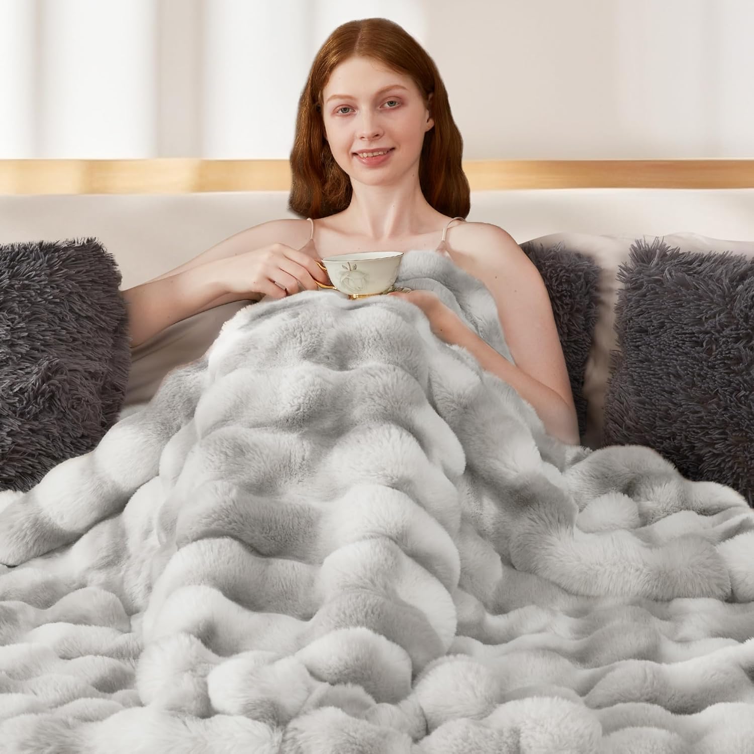 Touchat Luxury 1000GSM Faux Rabbit Fur Throw Blanket, Super Heavy Warm Cozy Grey Blankets for Couch Bed Sofa, Ruched Plush Fuzzy Elegant Soft Reversible Mink Blanket for Living Room Bedroom - Image 6