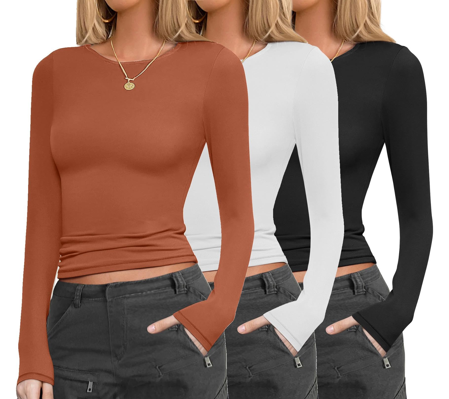 Ekouaer Womens 3 Pack Long Sleeve Shirts Fitted Tops Underscrub Undershirt