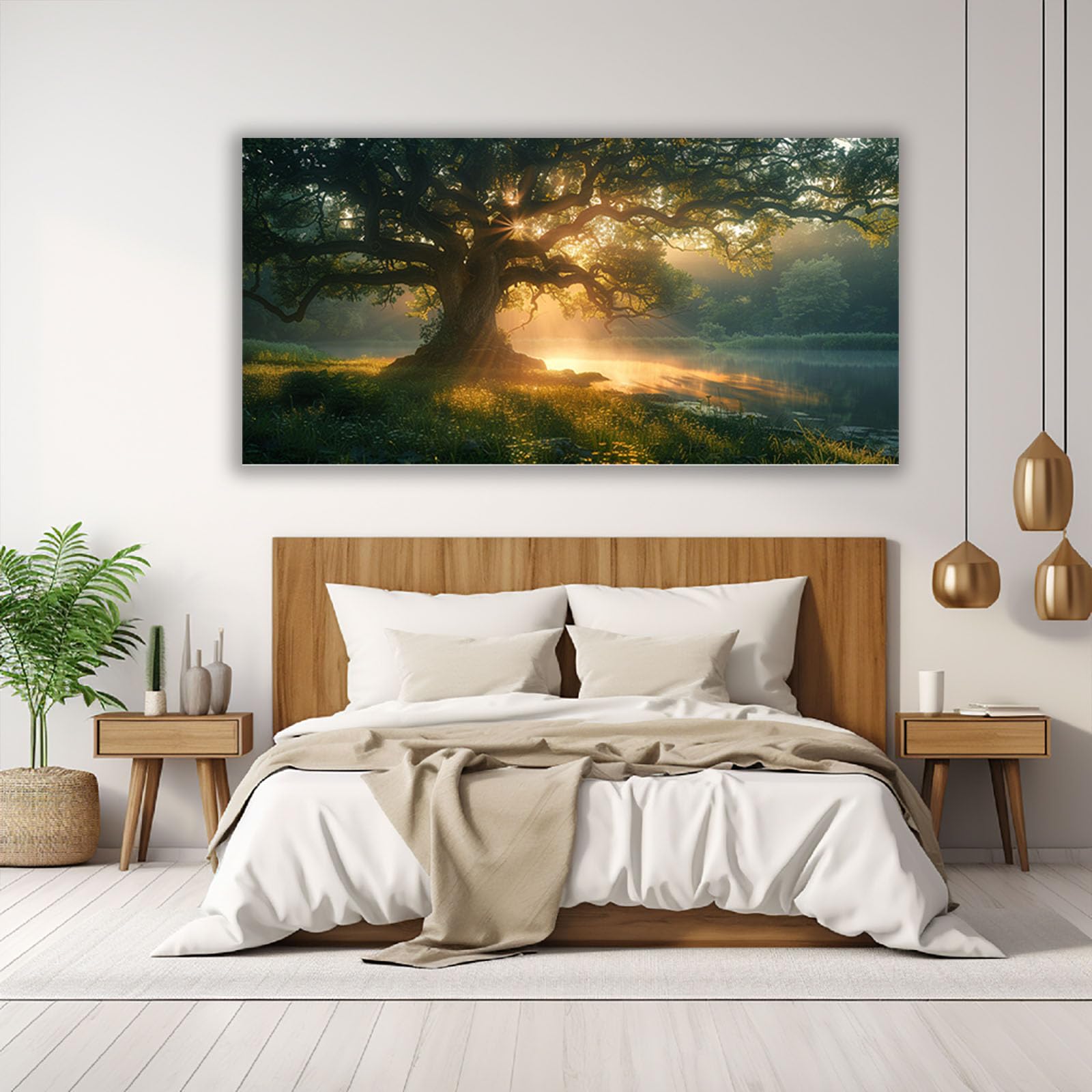 WIKEO Tableau Murale Salon Moderne murale du lac l’arbre de la nature Arbre De Vie Nature Paysage Impression Sur Toile, Decoration Murale Chambre Salle De Bain Cuisine Bureau-50x100cm Encadrée