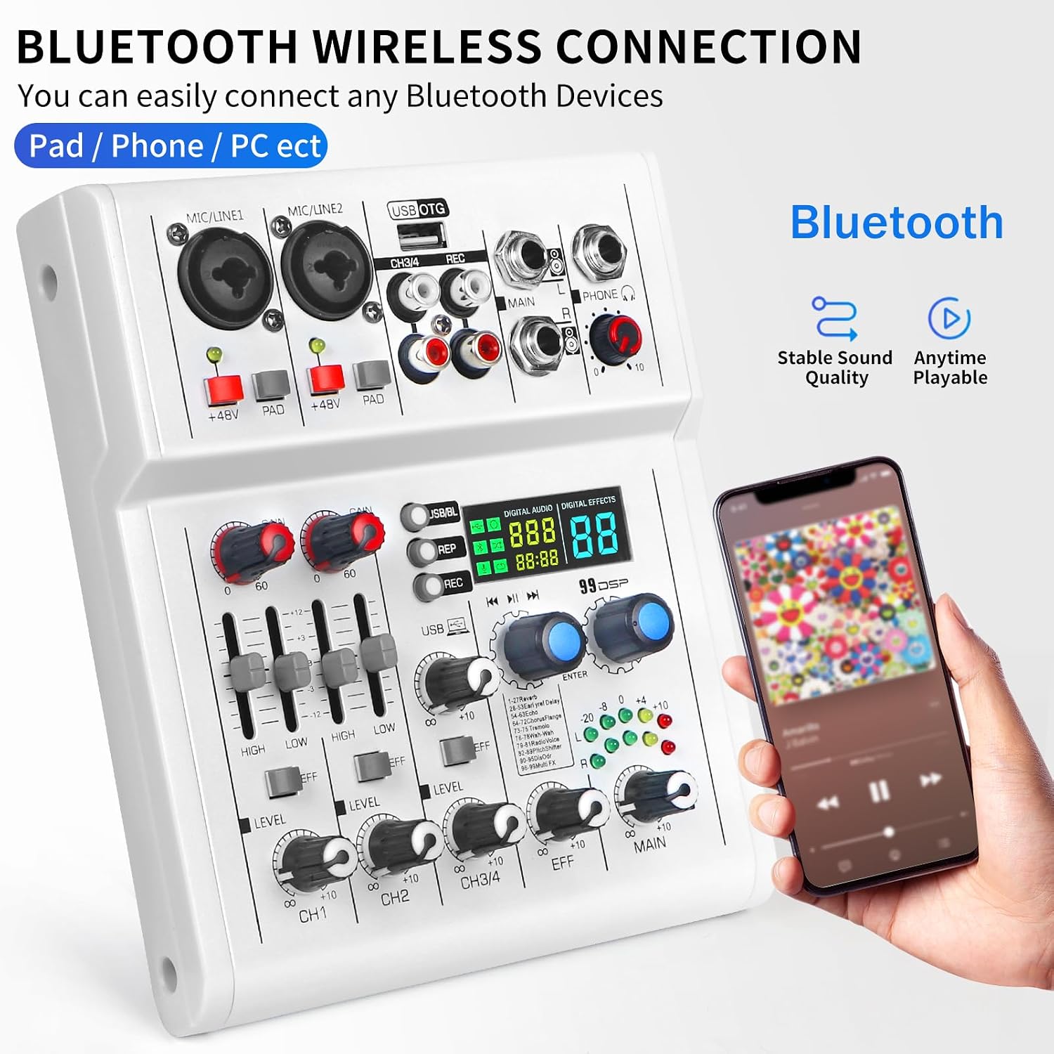 Kmise 4-Channel Audio Mixer with a smartphone connected via Bluetooth, illustrating wireless music streaming.