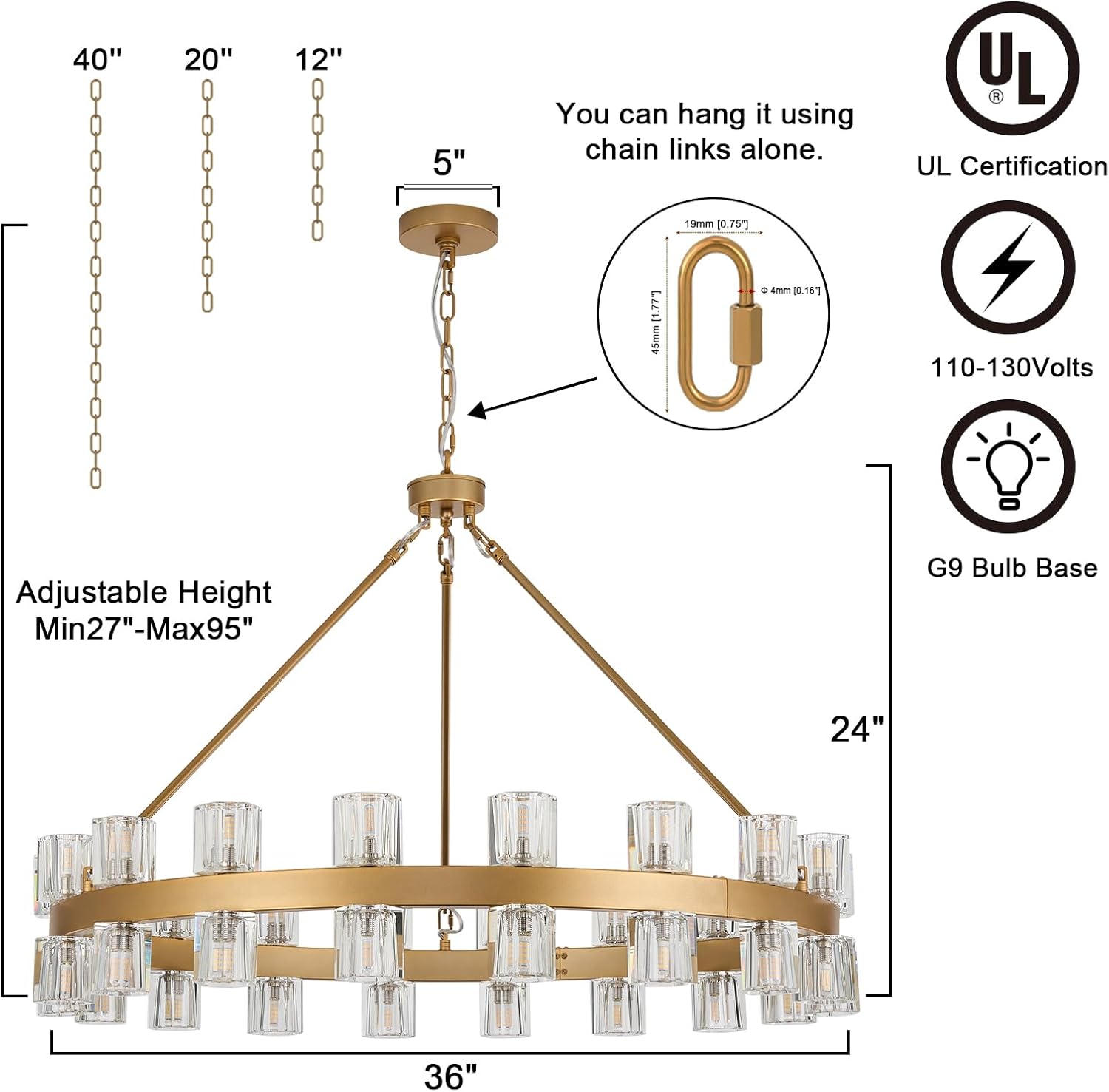 36 Inch Glod Wagon Wheel Chandelier with 36 Lights Crystal Shade, Modern Farmhouse Round High Ceilings Pendant Light Fixture for Living/Dining Room, Kitchen, Bedroom, Foyer