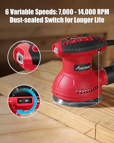 Miniatura 4 de AVID POWER Lijadora orbital de 3.0 amperios 5 pulgadas, lijadora eléctrica de 6 velocidades variables, lijadora orbital aleatoria para carpintería,