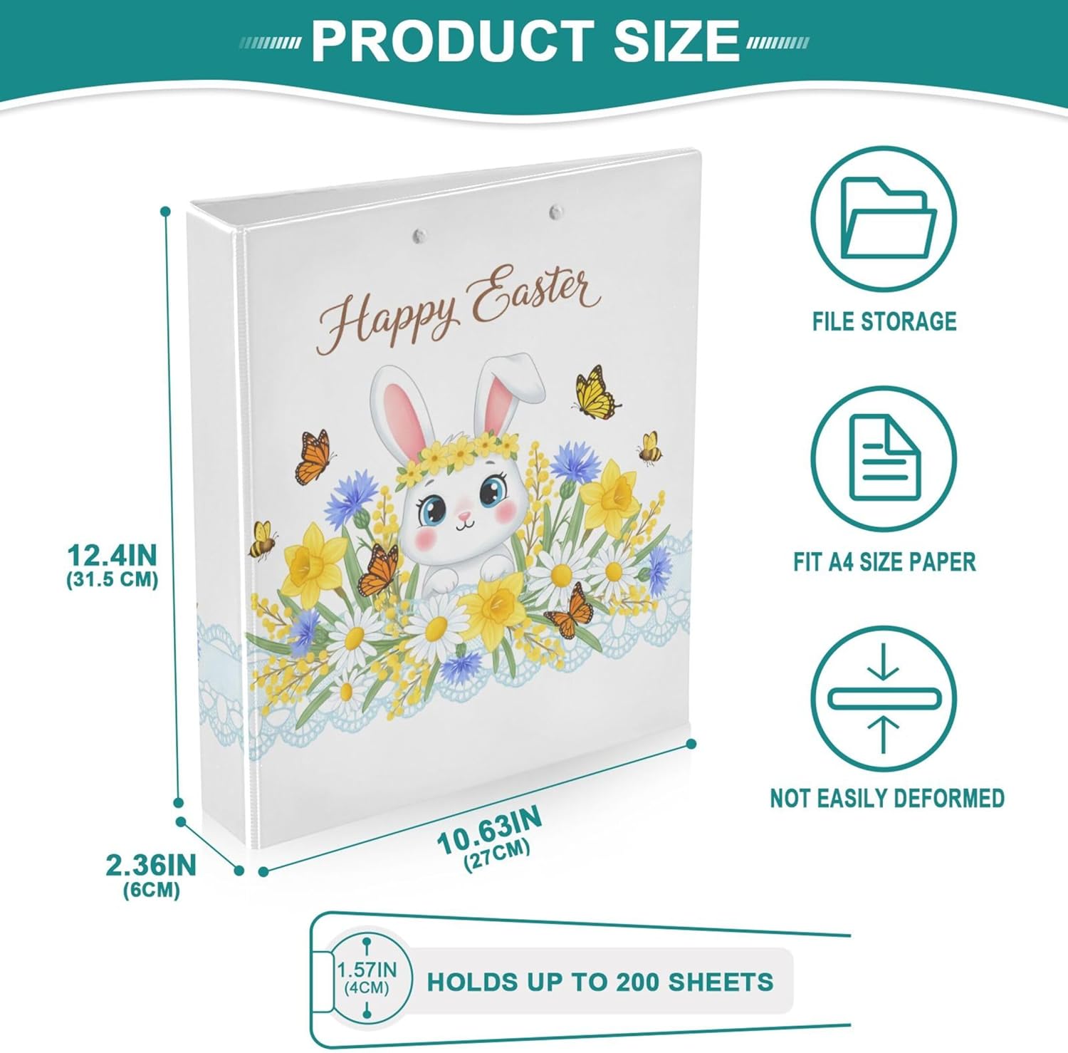 Happy Easter 3 Ring Binders, 1.5” Round Ring Binders with Clipboard - Letter Size, 3 Interior PVC Clear Pockets & Anti-Slip Clip for Office School Supplies, 2PCS