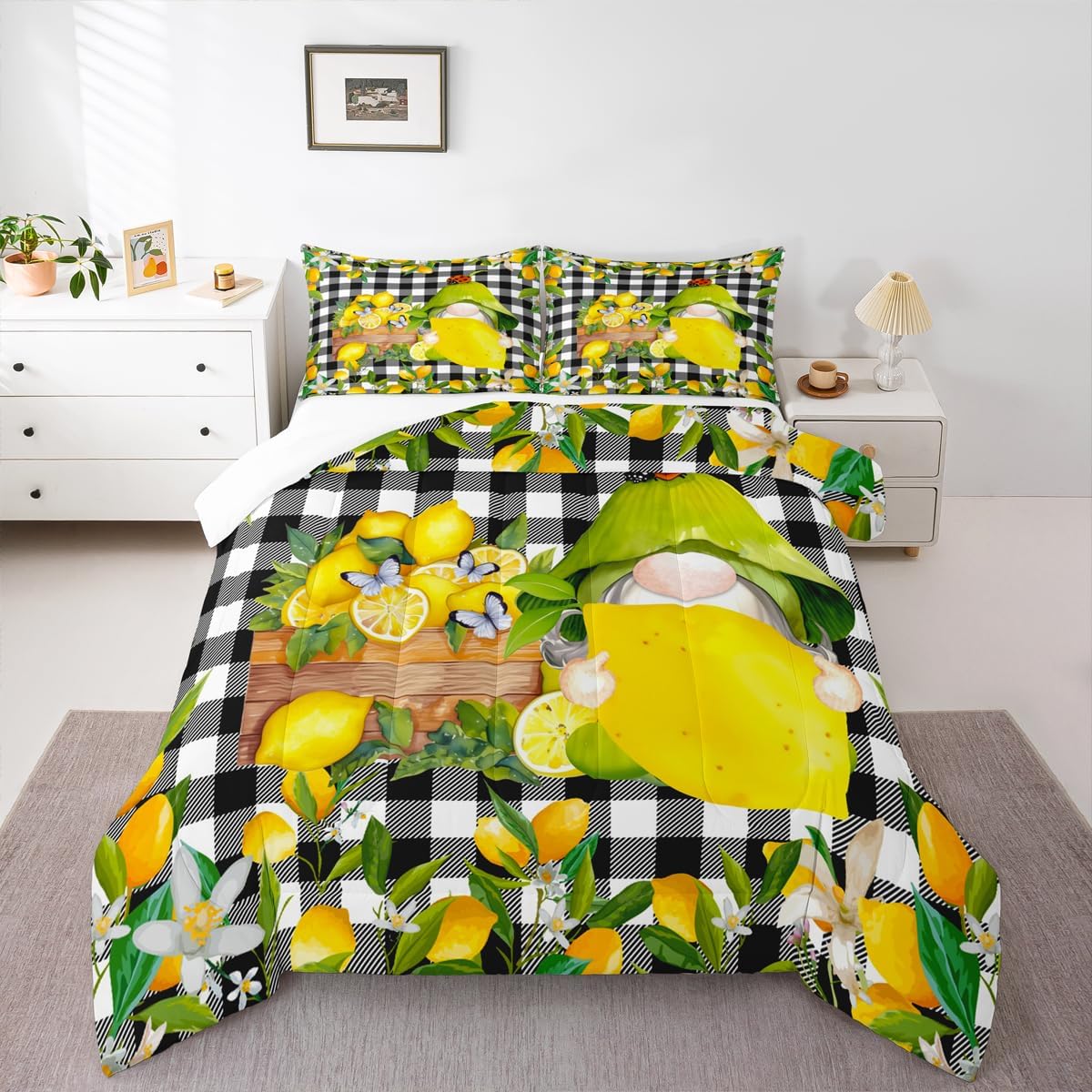 Kawaii Summer Lemon Gnomes Comforter Set Twin Size,Black White Geometric Grid Bedding Set 2pcs,Watercolor Summer Fruits Leaves Quilt Set Cute Butterfly Animals Duvet Insert,Yellow Green