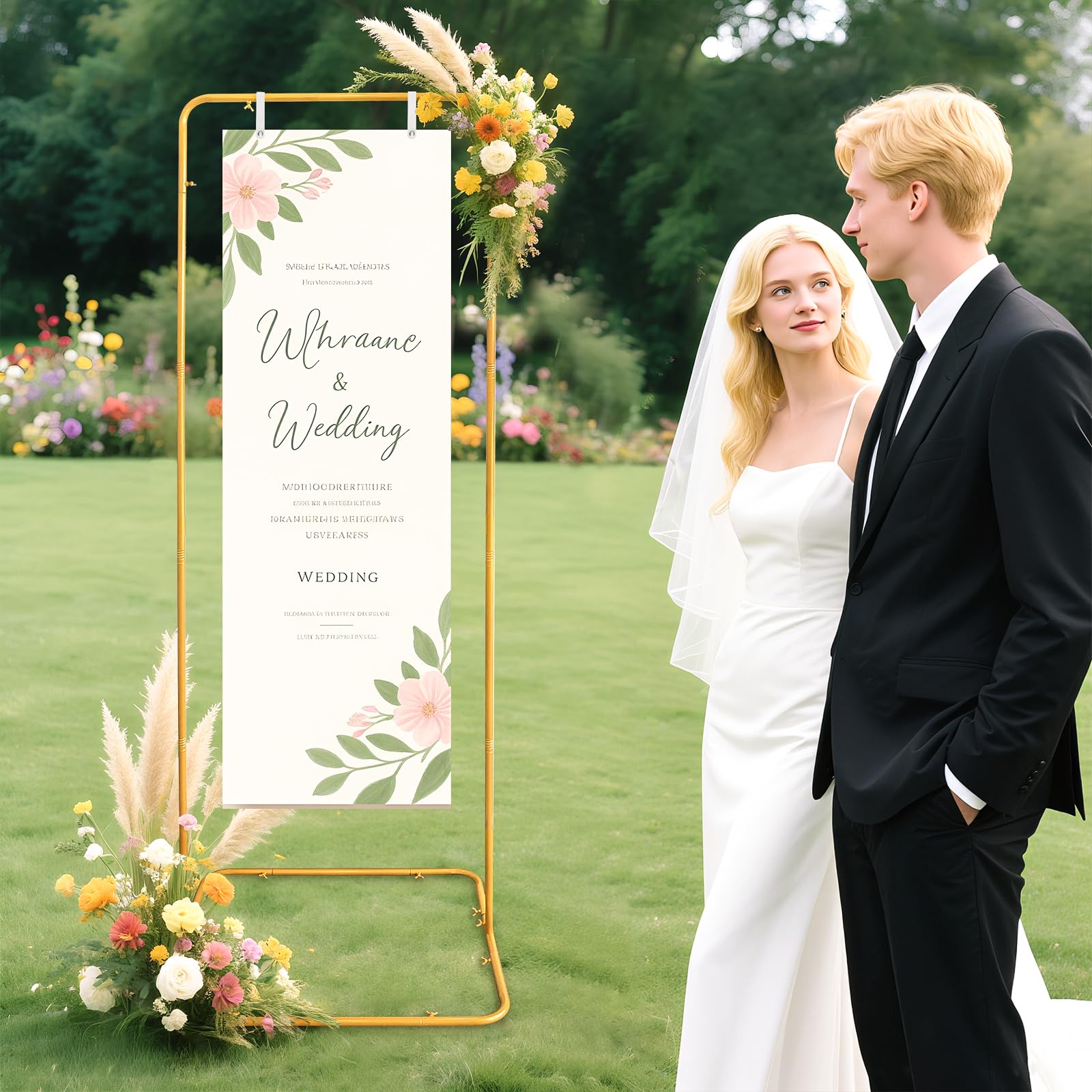 Supporto regolabile per cartello di benvenuto per matrimonio, 80 x 50 x 180 cm, con 4 cinghie in pelle, cavalletto in metallo resistente per cartelli, cavalletto da pavimento per esposizione