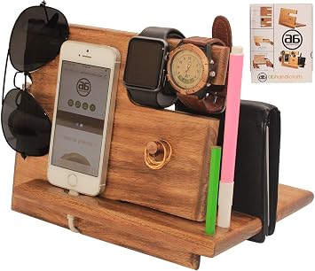 wood phone docking station for men - Night Stand Organizer for Cell Phone Stand, Key Holder, Wallet Stand Watch for Mom, Dad - Anniversary Idea from Wife