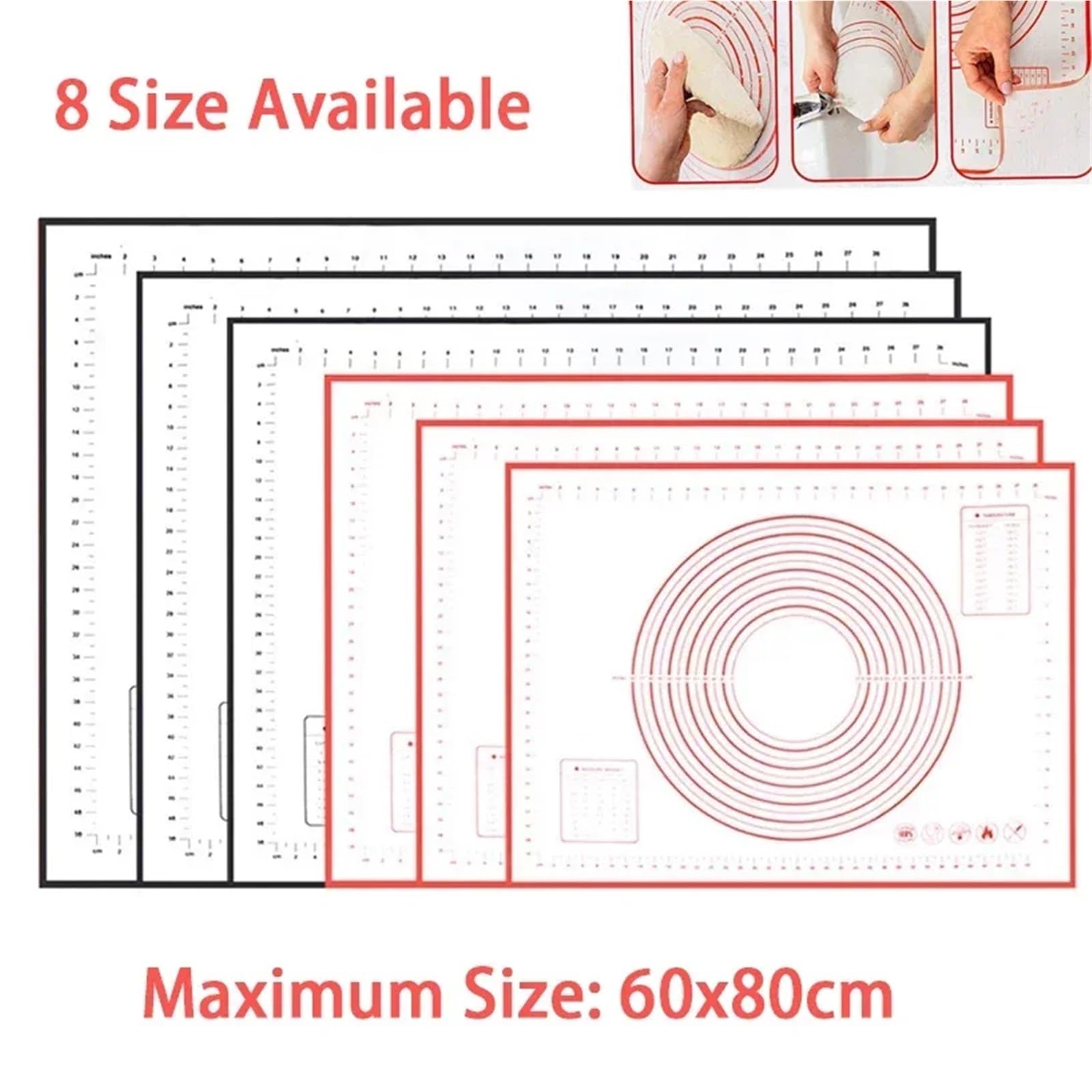Silikon Backmatte Roll Kneten Pad Gebäck Werkzeuge Pizza Teig Antihaft-Silikon-Matte for die Küche für Fondant Pizza(Black,60x80cm)