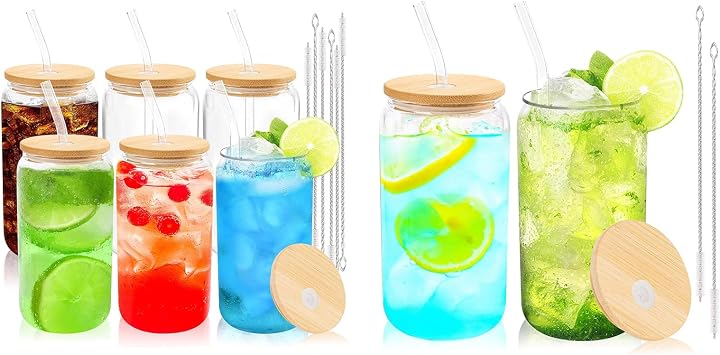 Joyclub Bundle of Glass Cups with Bamboo Lids and Straws 6 Set 16 oz and Glass Cups with Bamboo Lids and Straws 2 Set 16 oz