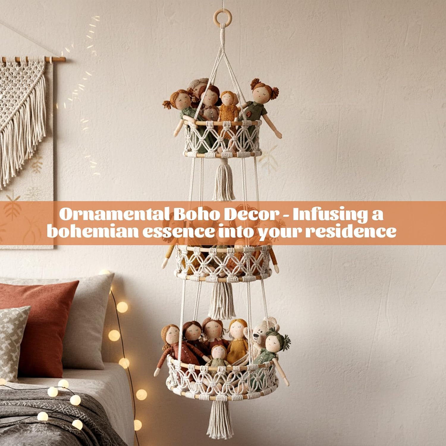 3 Tier Hanging Fruit Basket, Cotton Rope Hand-Woven Fruit Basket Boho Wall-Mounted Storage Baskets with Hanging Loop for Fruits, Vegetables, Plants, Home Decoration
