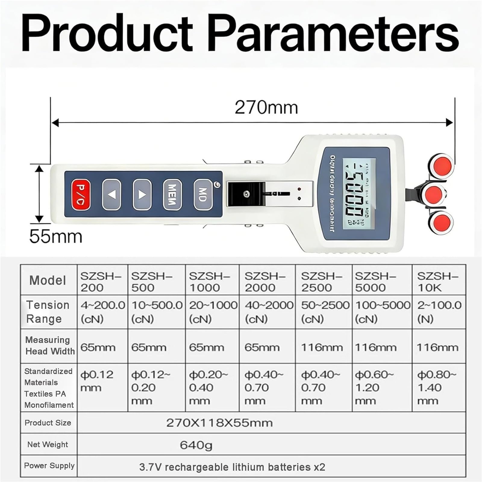 Medidor de tensión de hilo de mano, probador digital de tensión de alambre con grosor ajustable, almacenamiento de datos USB, 3 modos, medidor de tensión portátil para cable, cobre, alambre de acero