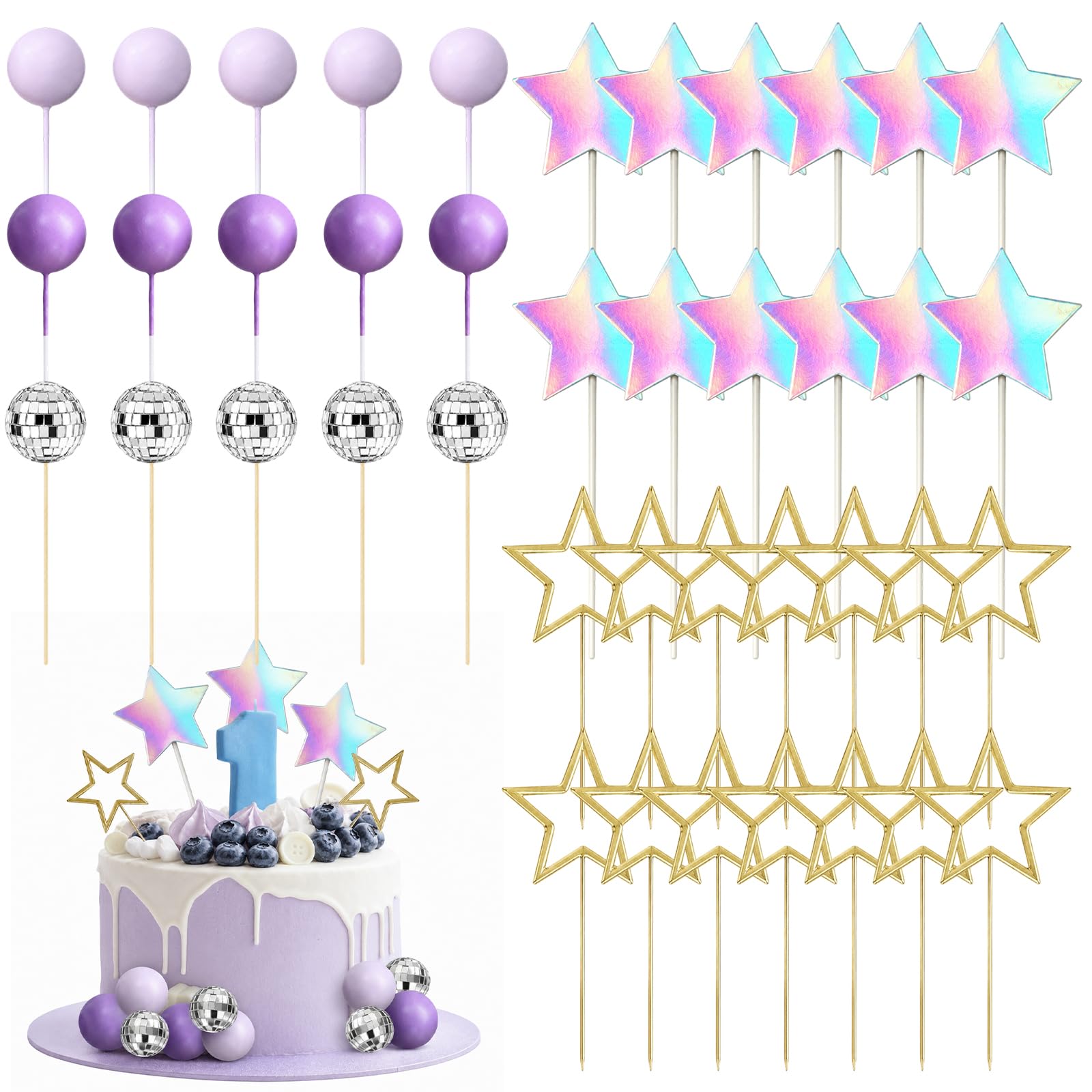 Disco Ball Cake Decorations, 39pcs Disco Party Cake Decorations, Purple Cake Balls Decorations for Birthday Parties Cake Decorations Set for Party Celebrations