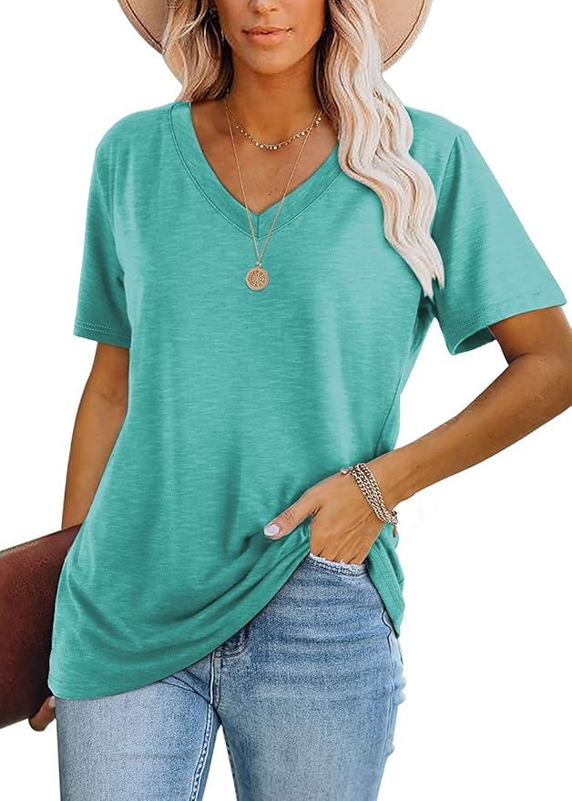 Lunivop Womens Tops Casual V Neck Short Sleeve Striped Printed Shirts: Polyester and Spandex; Plain Tees and Color Block Tops: Polyester, Rayon, Spandex