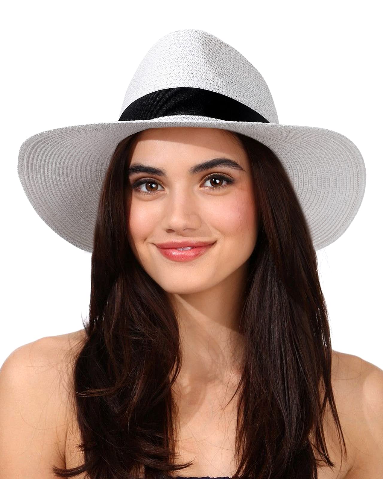 Womens Wide Brim Sun Straw Panama Fedora Hat Floppy Beach Hats Flat UPF 50+ Summer Fedoras for Men