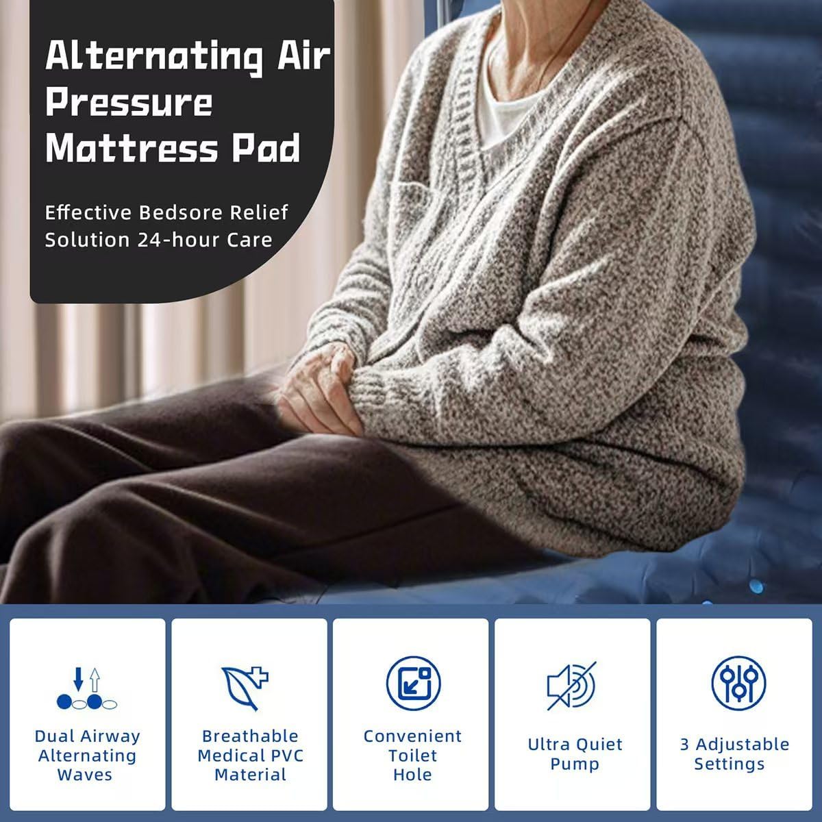 Alternating Air Pressure Mattress Pad 37''x 79'', Inflatable Bed Sore Prevention Cushion with Toilet Hole & Quiet Pump for Elderly Bedridden Patients Ulcer Sore Relief, Fits Hospital & Home Bed