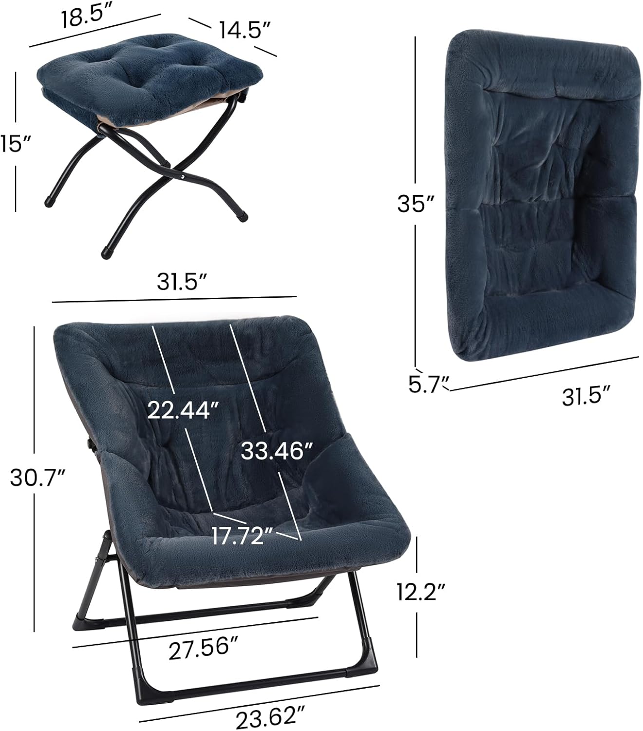 Comfy Saucer Chair for Adults, Soft Faux Fur Bedroom Chair with Ottoman, Accent Dorm Chairs, Living Room Reading Chairs and Footstool, Folding Seat for Teens, X-Large, Navy Blue