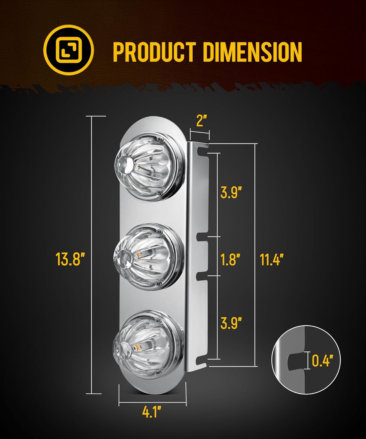 Partsam 1Pcs Radius-Style 14" Front Air Cleaner Light Bar with 3Pcs Glass Watermelon Lights, Stainless Steel Bracket, Compatible with Peterbilt Kenworth Freightliner Trucks, Clear Lens
