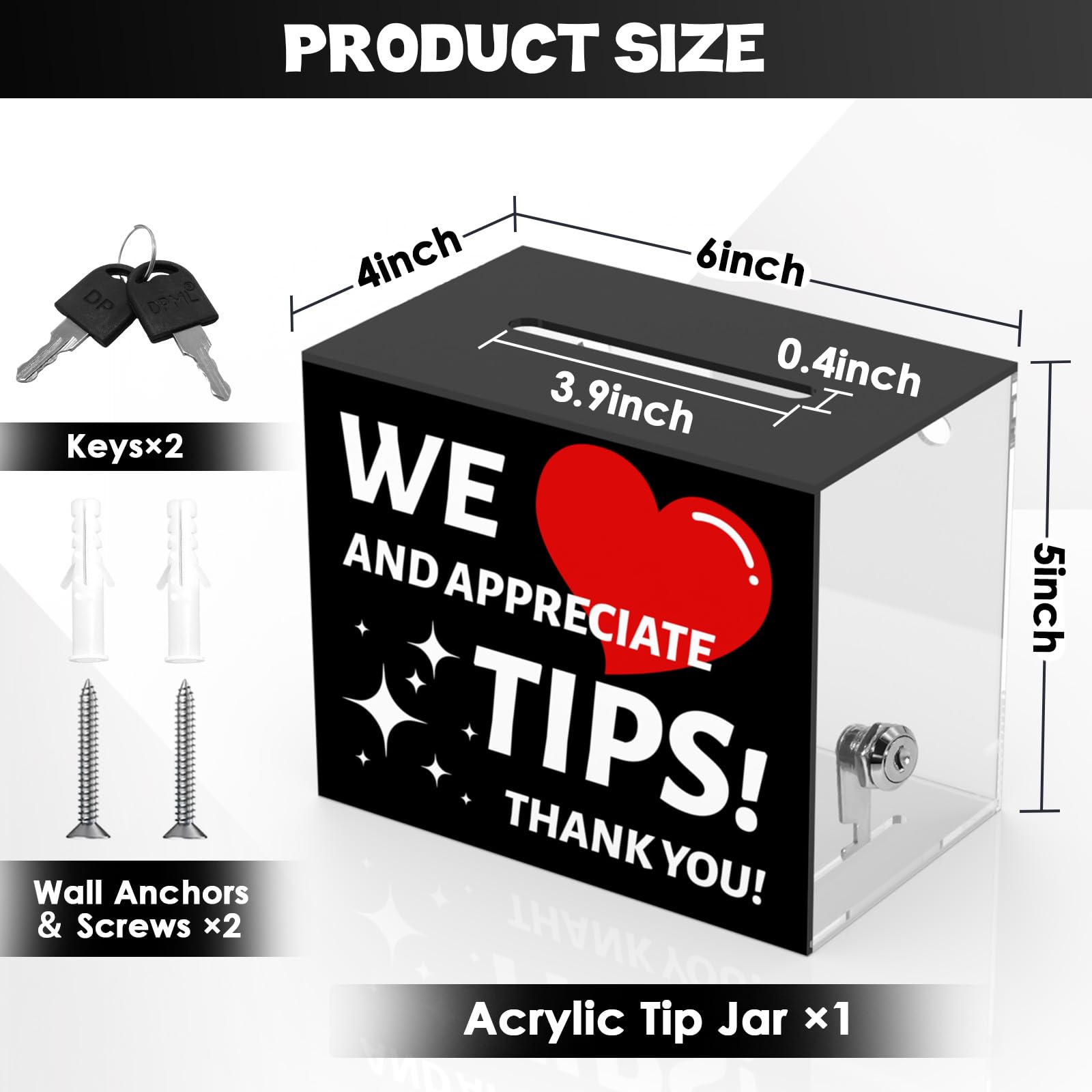 Barattolo con punta acrilica per barista Tip Box Tip Jars Scatola di suggerimenti con slot e serratura Scatola di donazione con serratura 15,2 x 10,2 x 12,7 cm Scatola per lotteria per bar ristorante