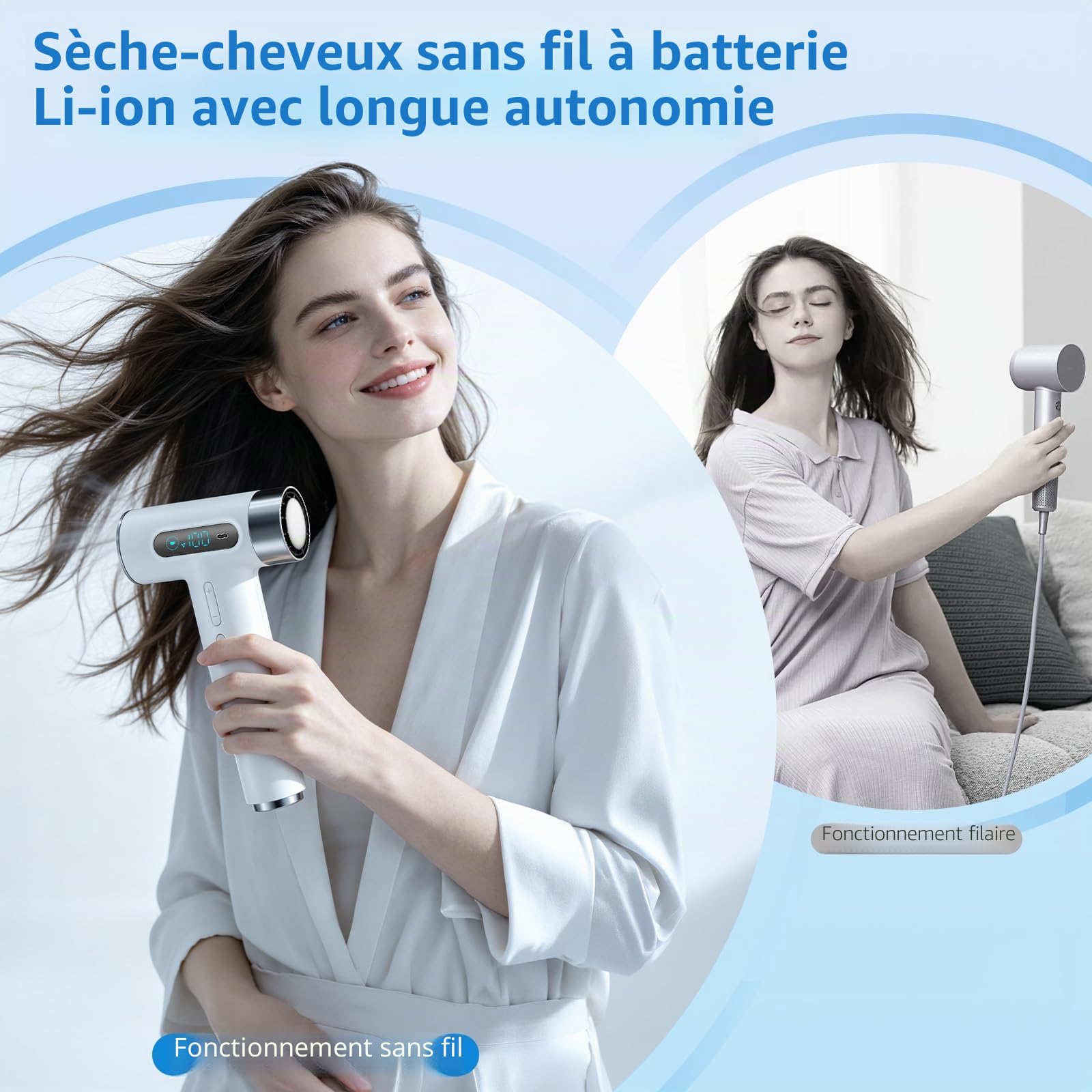 Sèche-cheveux de Voyage Pro avec Batterie 27000mAh - Sèche-cheveux sans Fil avec 100 Températures & Vitesses - Séchoir Portable avec Écran Numérique pour Camping Voyages Hôtel - Blanc
