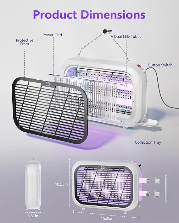 Mosiller Indoor Electric Bug Zapper, Powerful Fly Zapper with Double-Layer High-Voltage Grid, All-Round Mosquito Catcher for Fly, Mosquito, Moth, Gnat, Trap, Removable Tray & 2 Replace Light Tube
