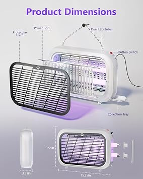 Mosiller Indoor Electric Bug Zapper, Powerful Fly Zapper with Double-Layer High-Voltage Grid, All-Round Mosquito Catcher for Fly, Mosquito, Moth, Gnat, Trap, Removable Tray & 2 Replace Light Tube