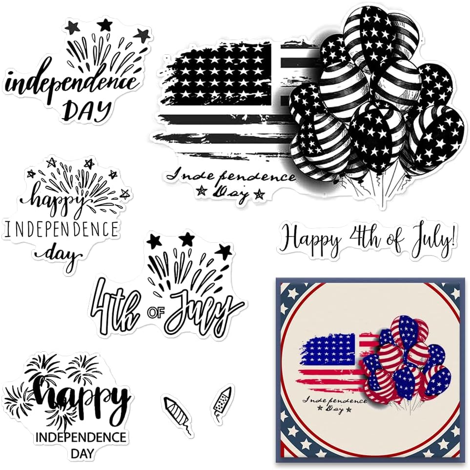 4th of July Independence Day Clear Stamps for Card Making and Journaling, America Flag Silicone Stamps Balloon Firework Rubber Stamps for Scrapbooking DIY Cards Album Crafts Supplies
