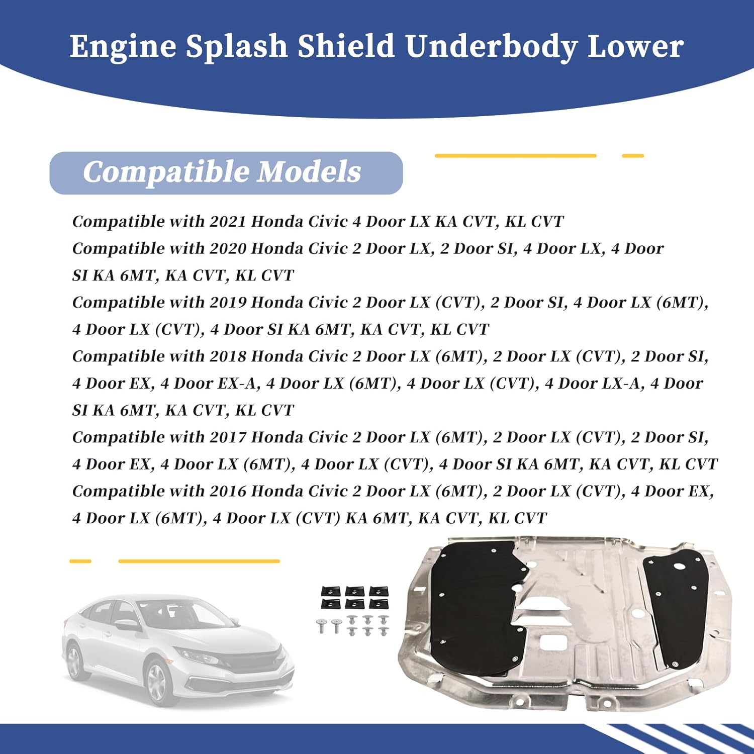 Engine Splash Shield Underbody Lower 74110-TBA-A00 Compatible with Honda Civic 2016 2017 2018 2019 2020 2021, Replace 90674-TY2-A01