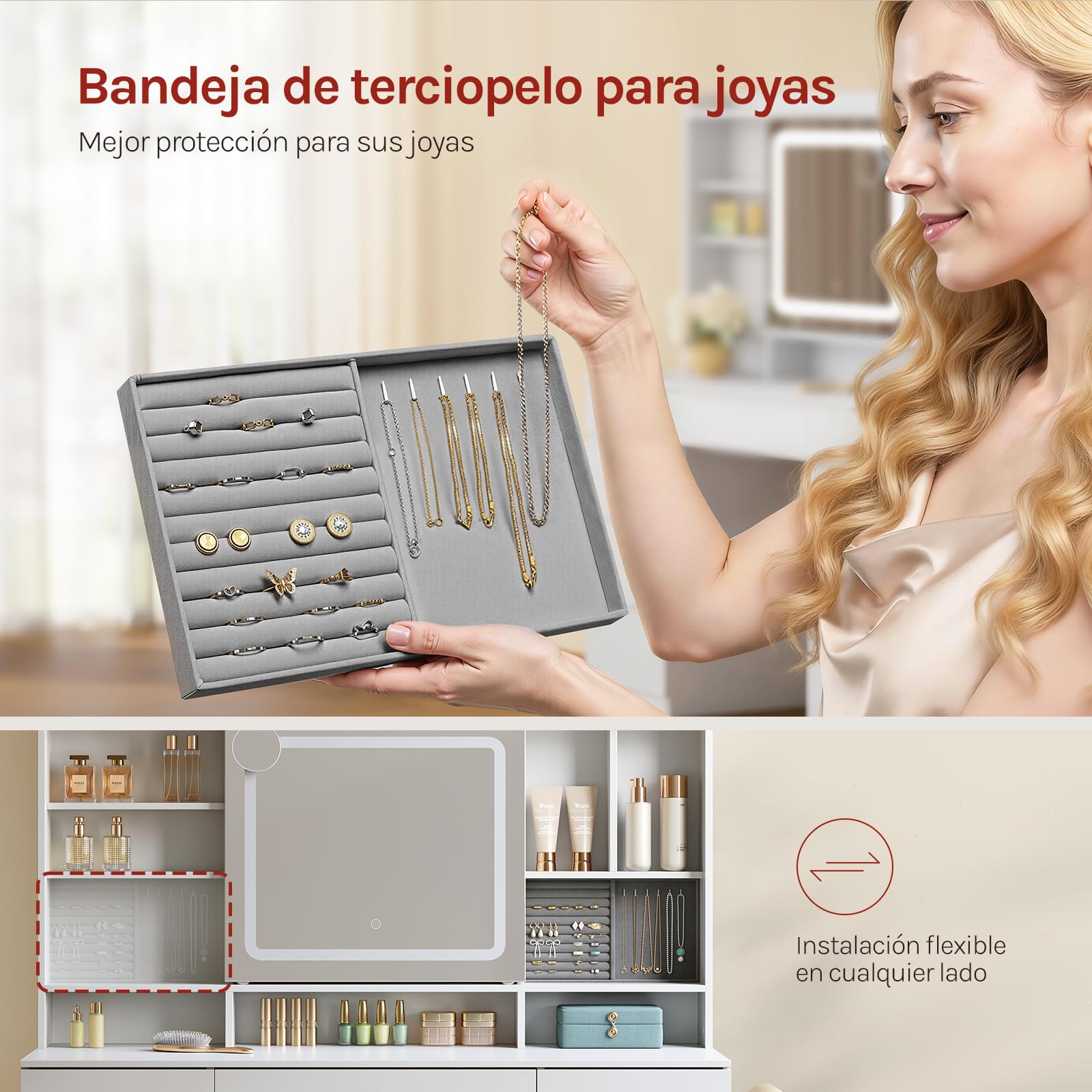 WOLTU Tocador de Maquillaje con 9 Cajones, 1 Bandeja de Joyas, Mesa Tocador Blanco con Espejo y Luz LED Ajustable, Estantes Abiertos, Estilo Moderno para Dormitorio