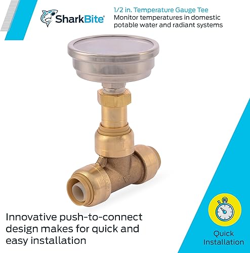 Miniatura 3 de SharkBite 1 pulgada medidor de temperatura Tee, empuje para conectar accesorios de plomería de latón, tubo PEX, cobre, CPVC, PE-RT, 24441