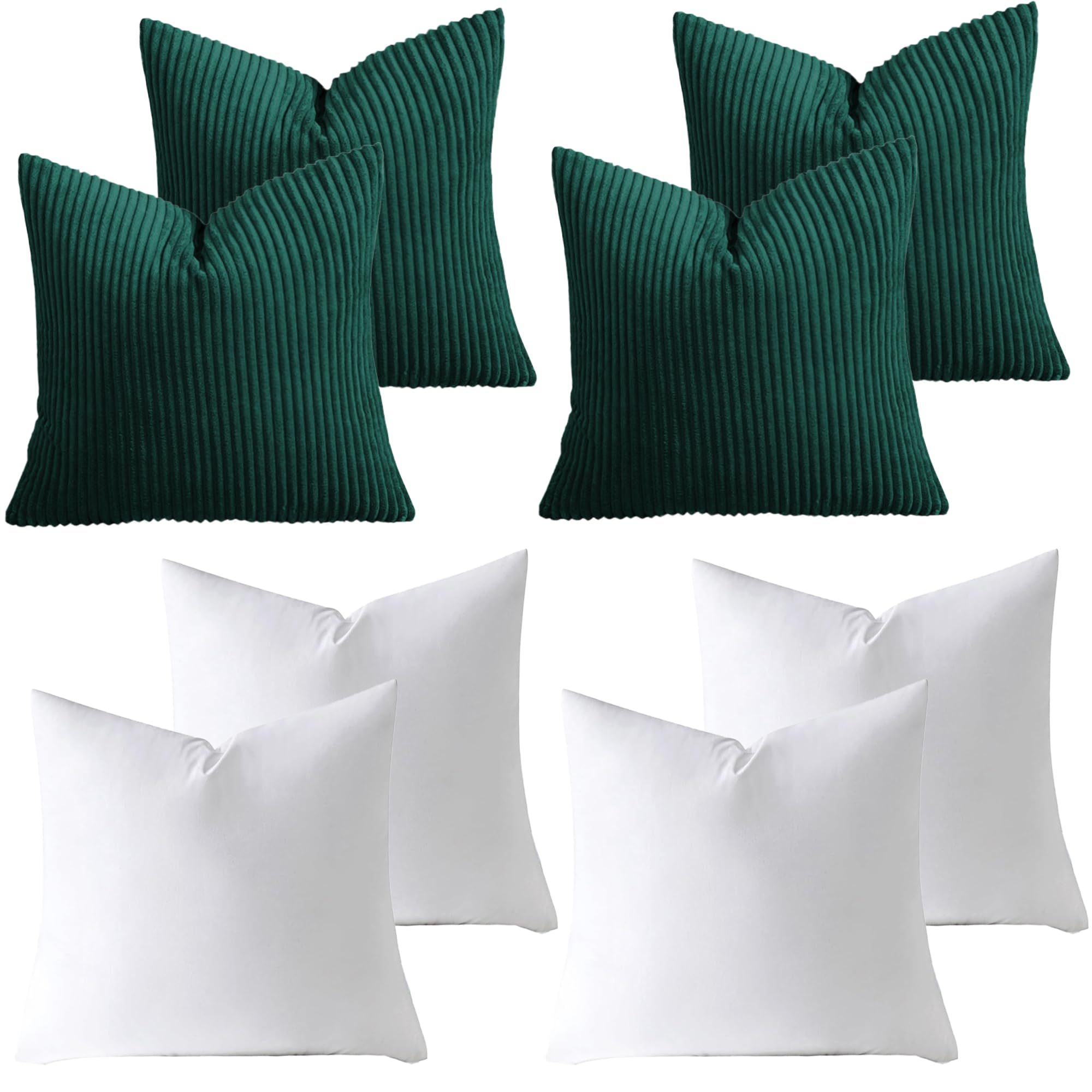 AMEHA Stripe Emerald Cushions with Covers included 45 x 45 cm Pack of 4 (4 Covers, 4 Inserts) Decorative Square Throw Pillowcases for Couch Bedroom Sofa with Invisible Zipper 18x18 inches