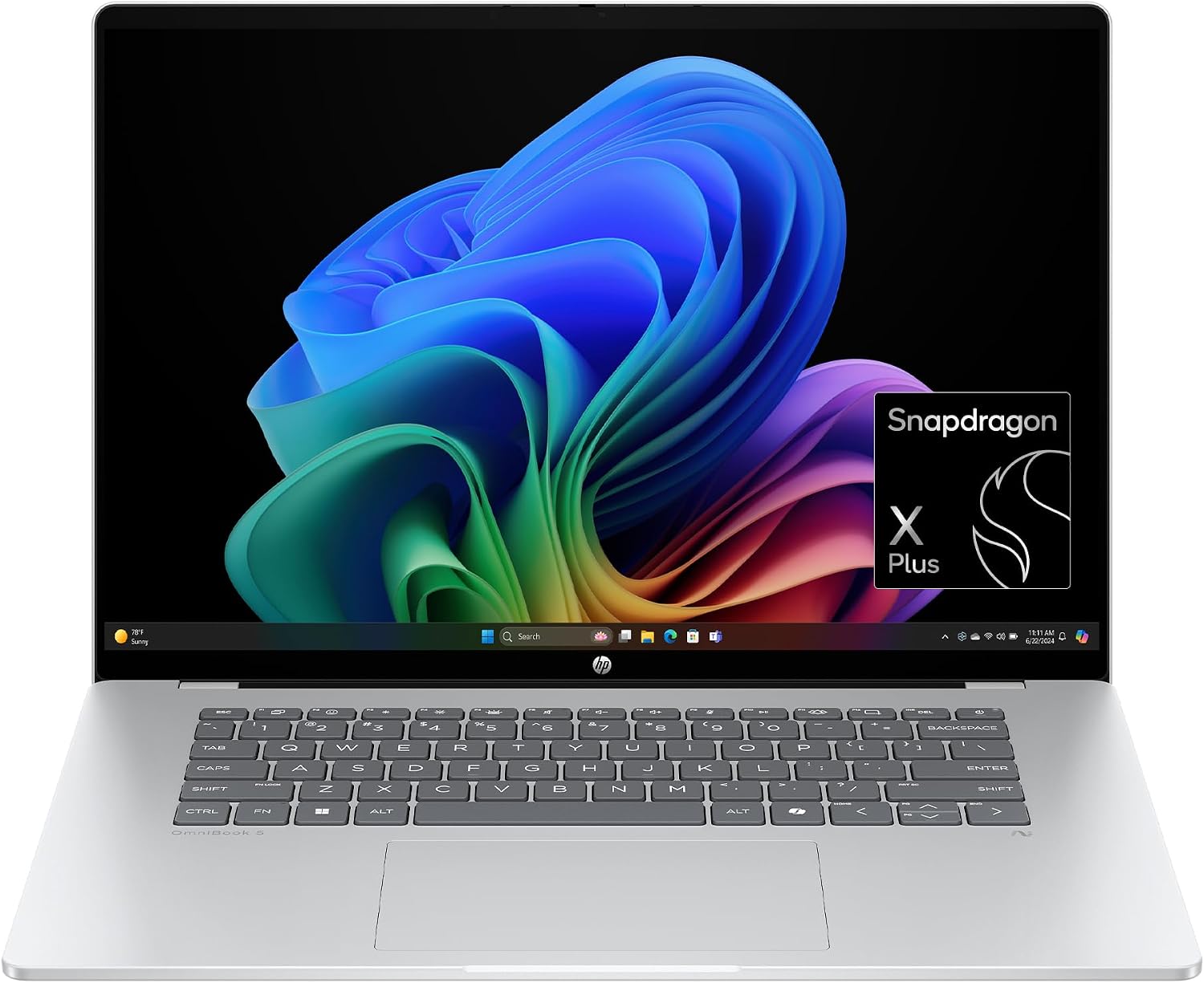 OmniBook 5 16 inch Next Gen AI PC, 2K OLED Touchscreen, Snapdragon X Plus X1P-42-100, 16 GB RAM, 512 GB SSD, Qualcomm Adreno GPU, Windows 11 Home, Glacier Silver, 16-fb0000nr