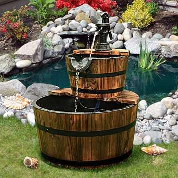 Giantex 2-Tier Barrel Waterfall Fountain Outdoor, Rustic Wood Barrel Cascading Water Fountain with Electric Pump, Outdoor Water Feature with Decorative Hand for Garden Patio Backyard Lawn Porch