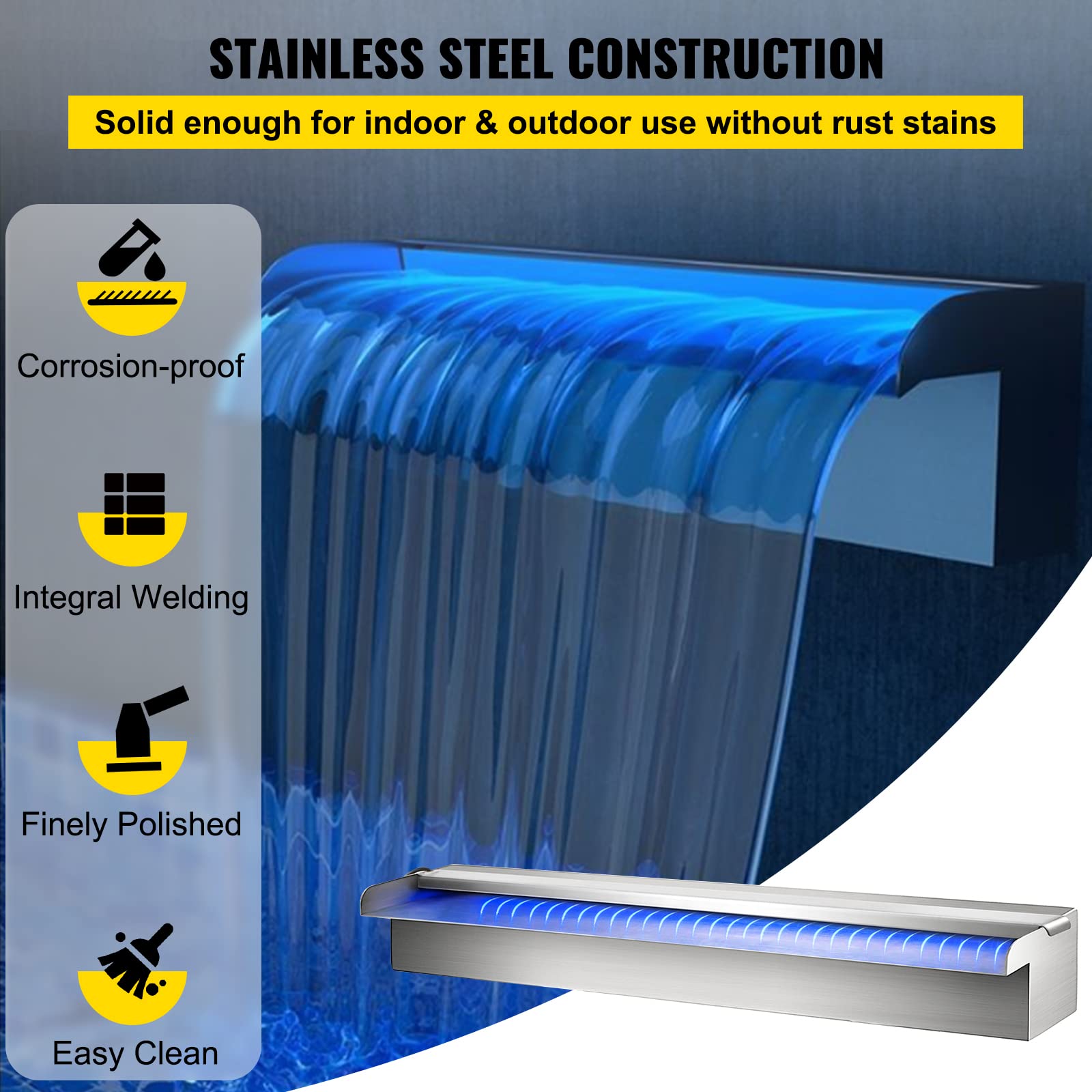 VEVOR Fontaine de la Piscine, Étang Argent 220 V en Acier Inoxydable Cascade Bassin Extérieur 60 x 11.5 x 8 cm avec 2 Conduits d'eau et Un Télécommande, pour Décoration à l'Étang et la Piscine